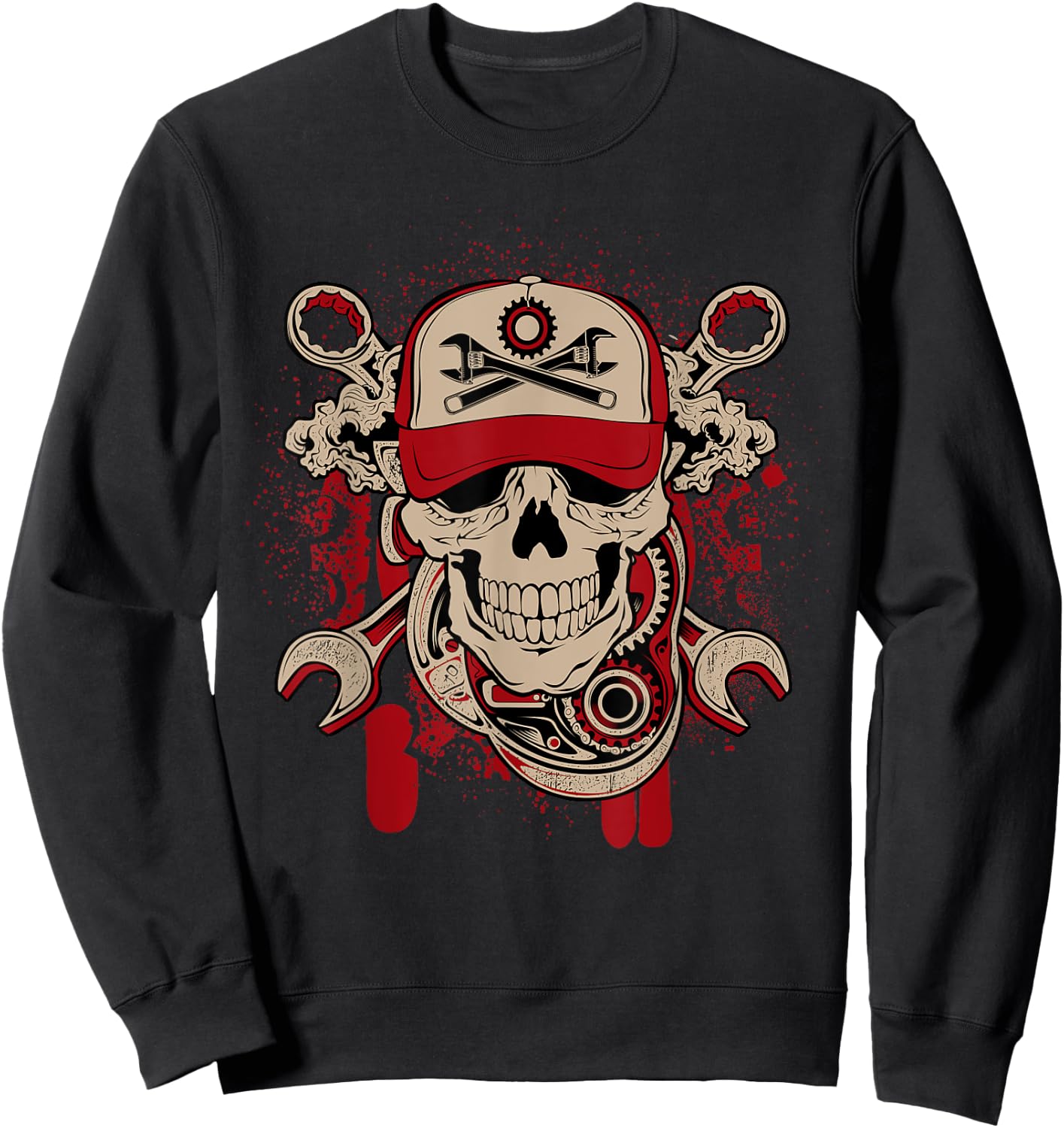 Vintage Mechanic Skull and Wrench Graphic Sweatshirt - Sweatshirt | Black