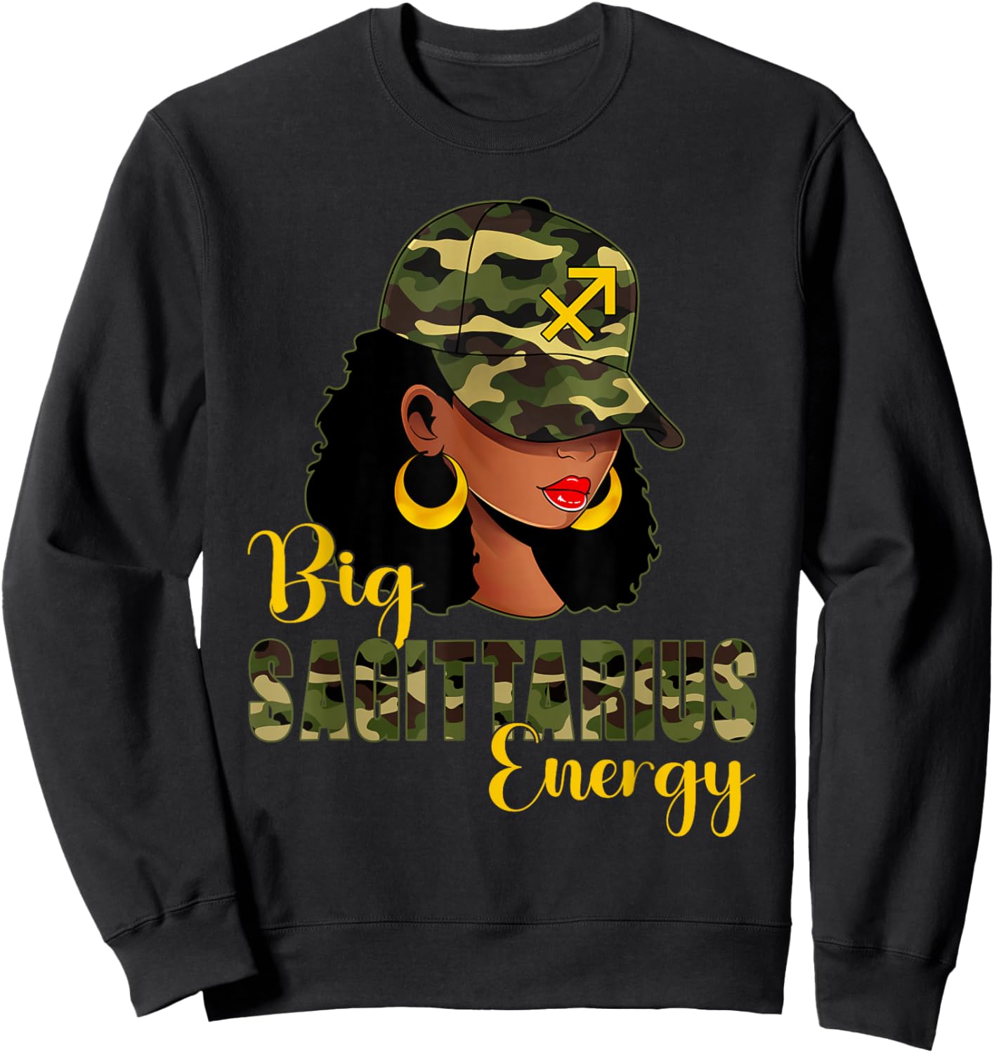Big Sagittarius Energy Camouflage Black Woman Cap Zodiac Sweatshirt - Sweatshirt | Black