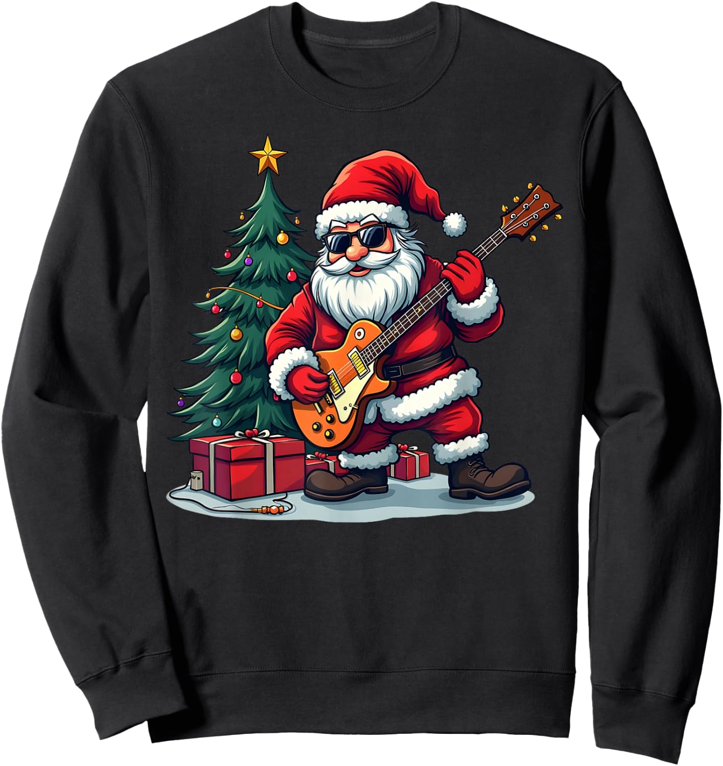 A rockstar Santa with a guitar in front of a Christmas tree Sweatshirt - Sweatshirt | Black