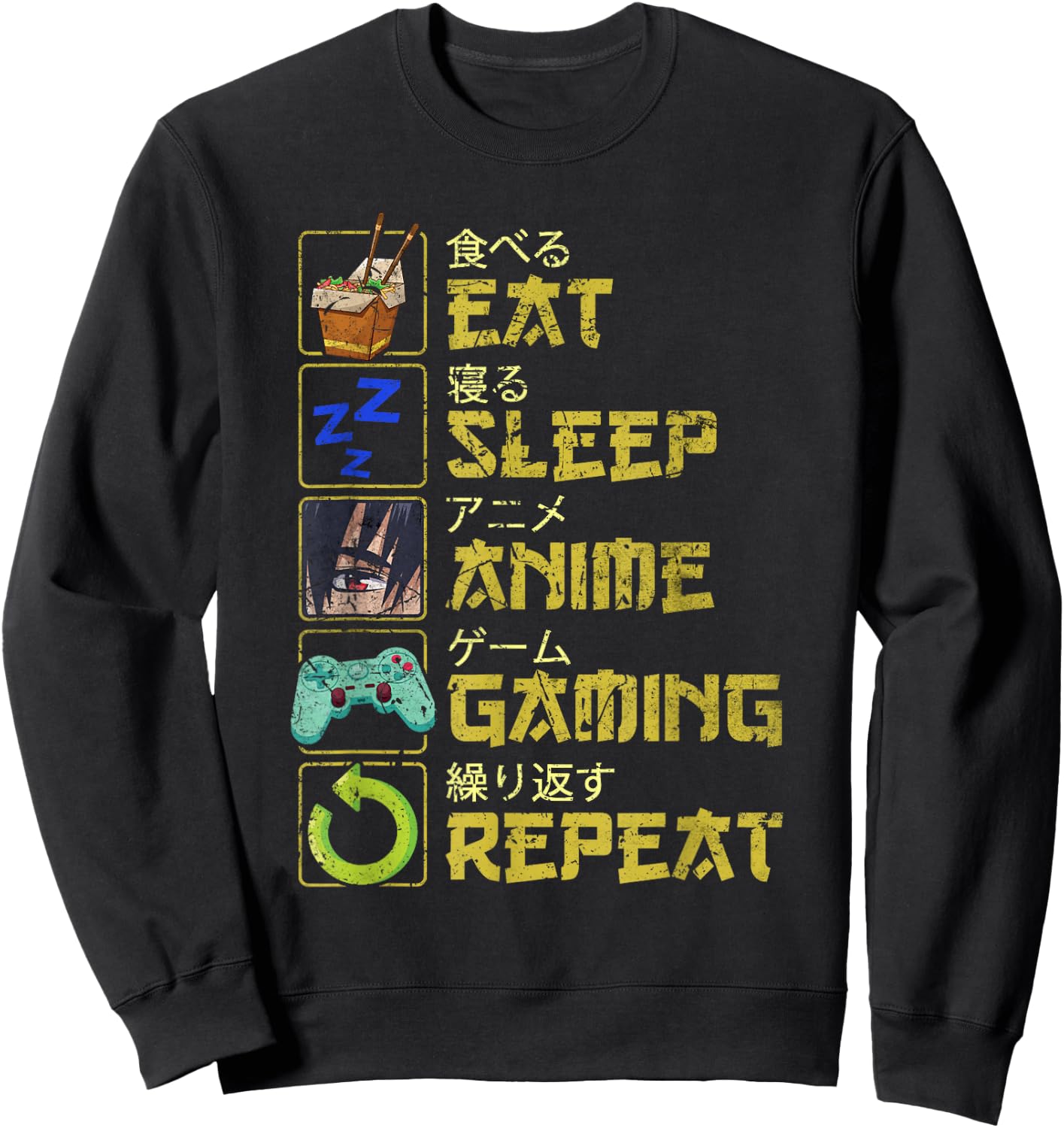 Vintage Eat Sleep Anime Gaming Repeat Kawaii Otaku Manga Sweatshirt - Sweatshirt | Black