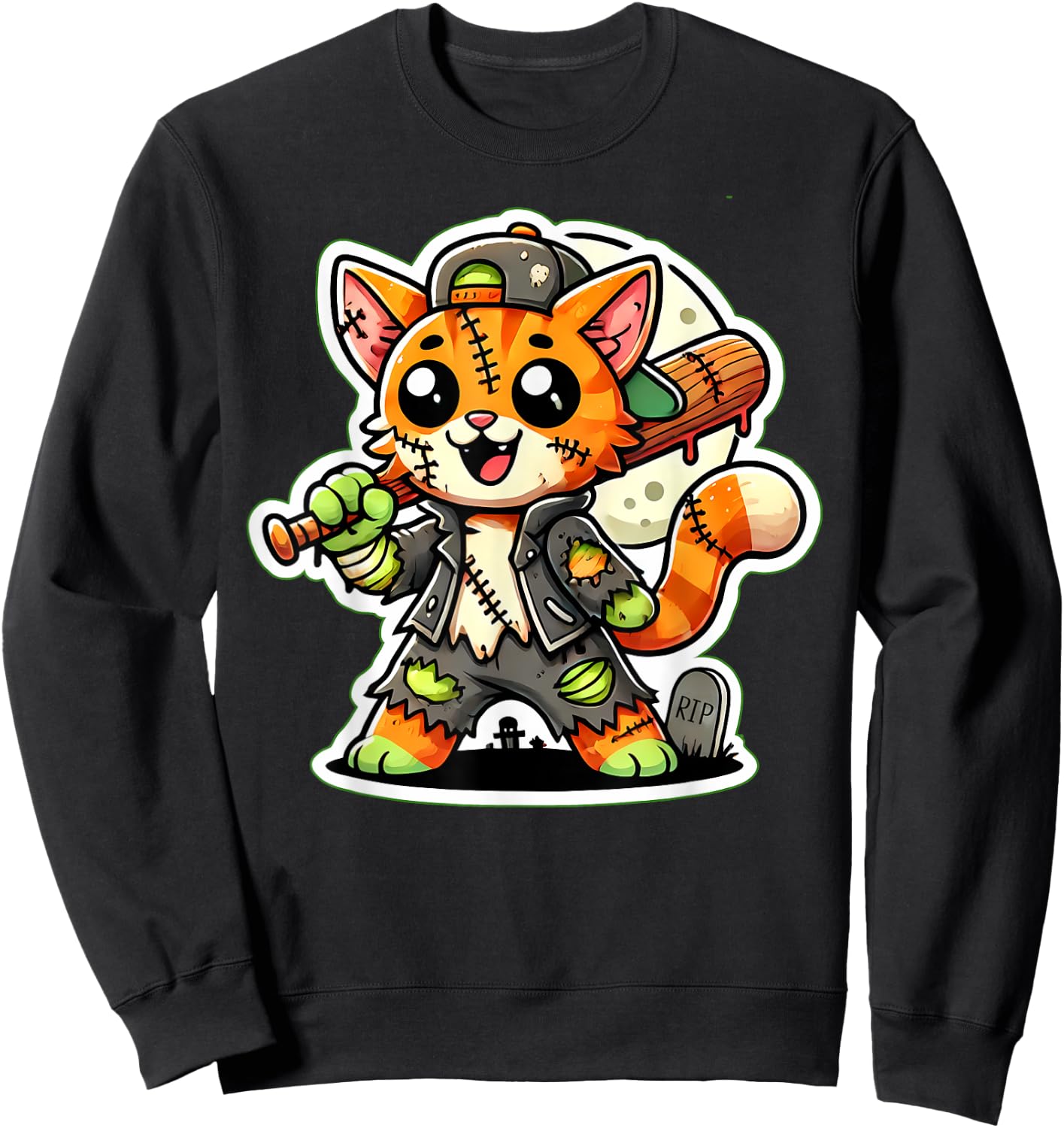 Cute Orange Cat Zombie Baseball Boy Halloween Party Kids Sweatshirt - Sweatshirt | Black