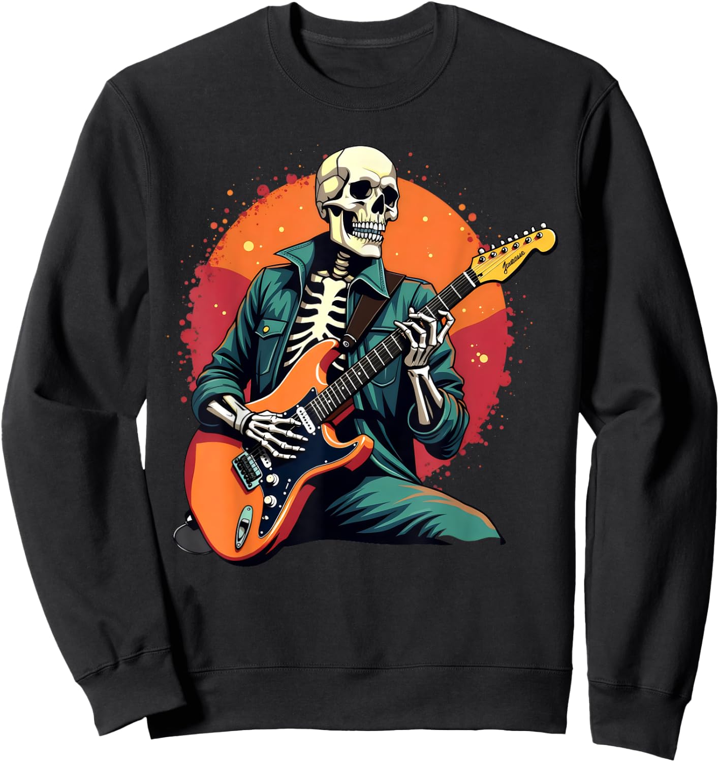 Skeleton Playing Bass Guitar Electric Acoustic Halloween Sweatshirt - Sweatshirt | Black