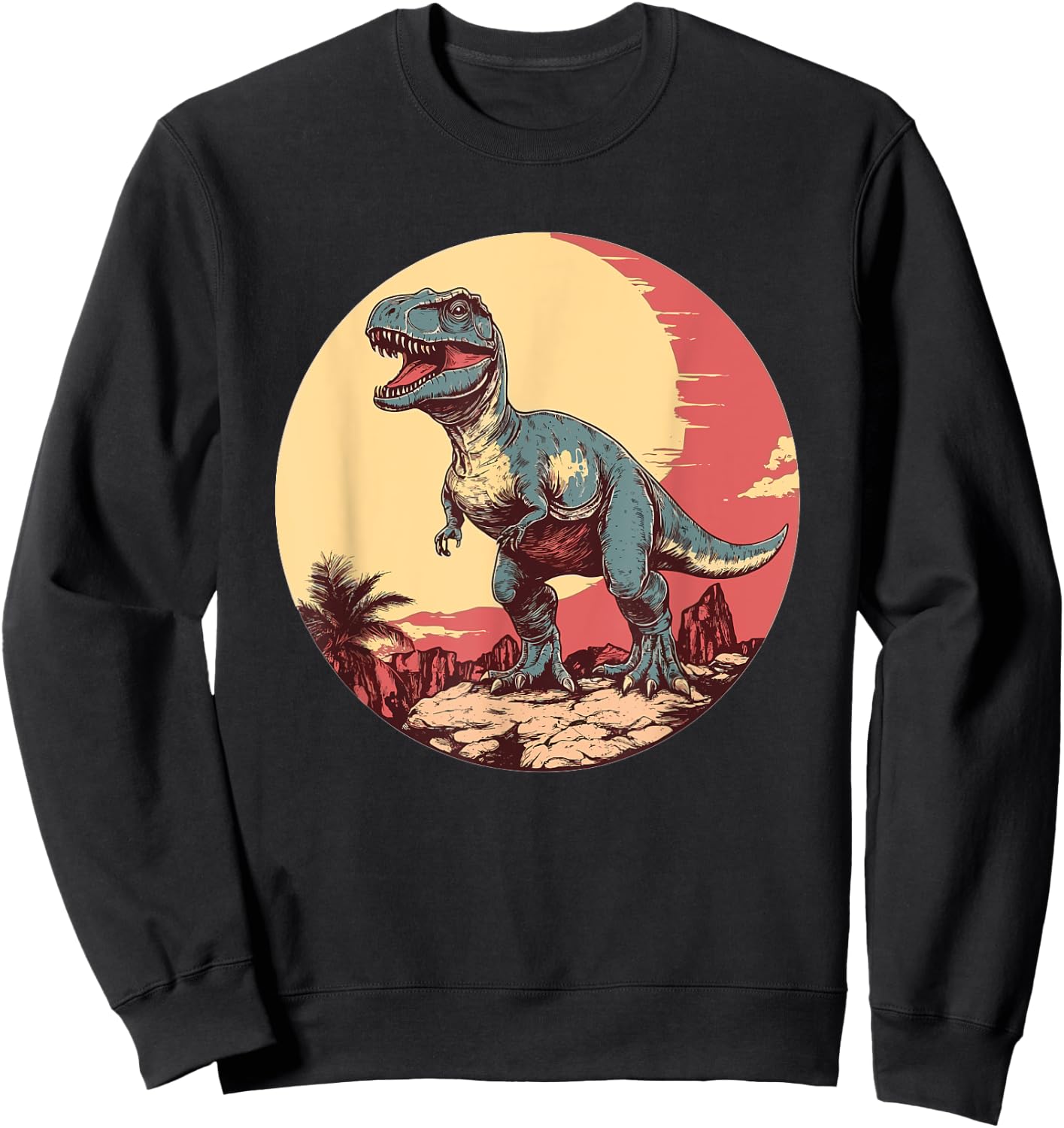 Vintage T-Rex Dinosaur Roaring Sunset Sweatshirt - Sweatshirt | Black