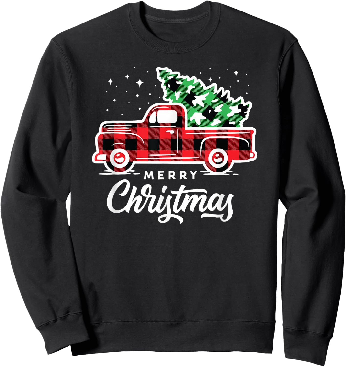 Merry Christmas Pjs Buffalo Plaid Red Truck Christmas Tree Sweatshirt - Sweatshirt | Black