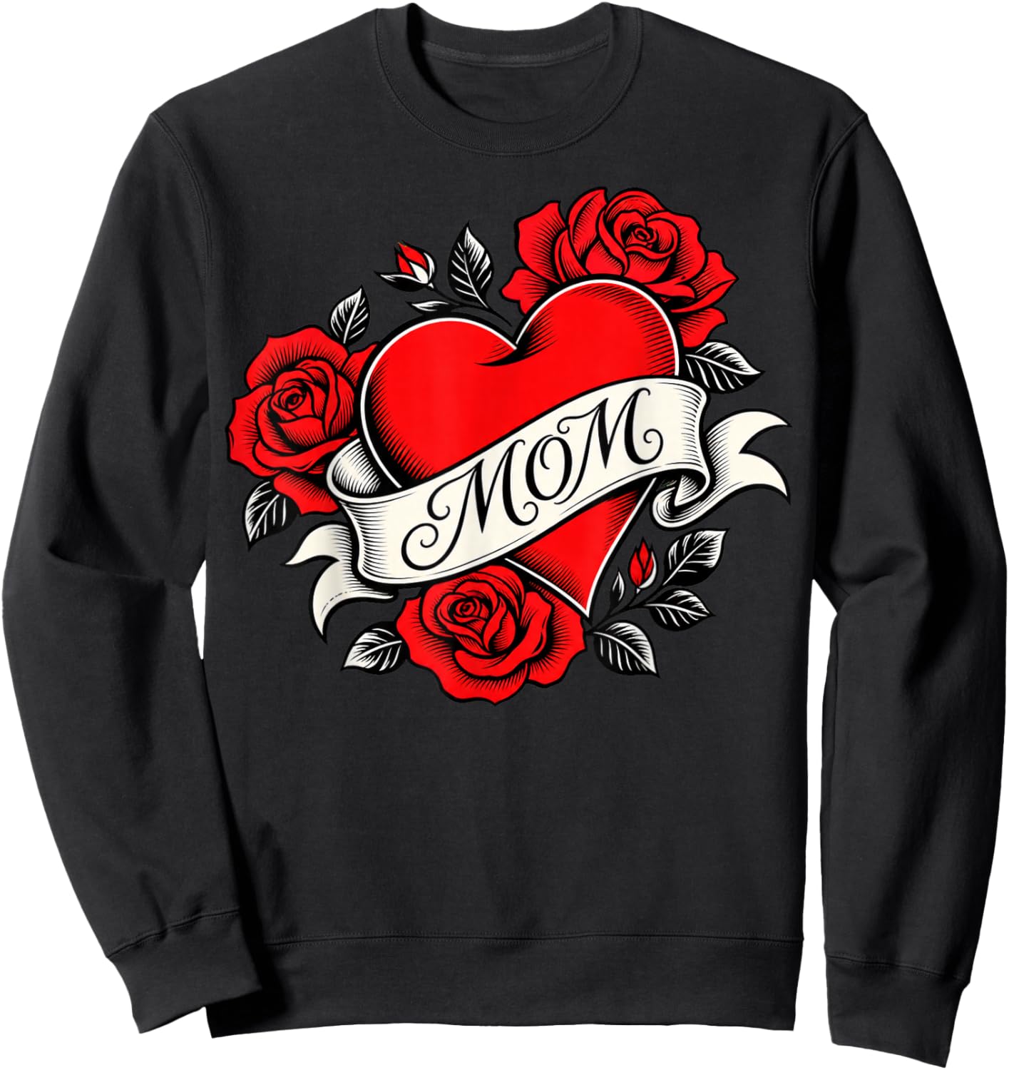Bold Heart Tattoo with Roses and MOM Banner Sweatshirt - Sweatshirt | Black