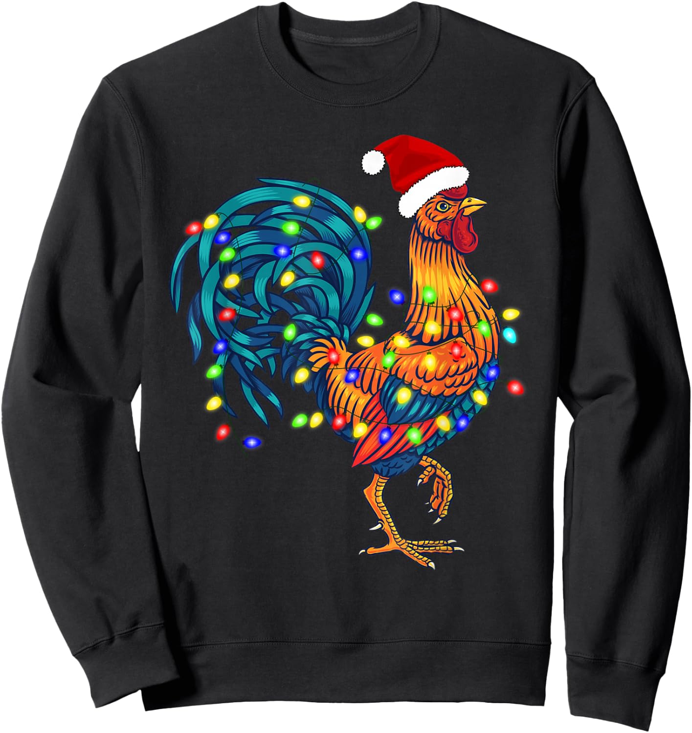 Funny Rooster Chicken Santa Christmas Lights Farmer Pajamas Sweatshirt - Sweatshirt | Black
