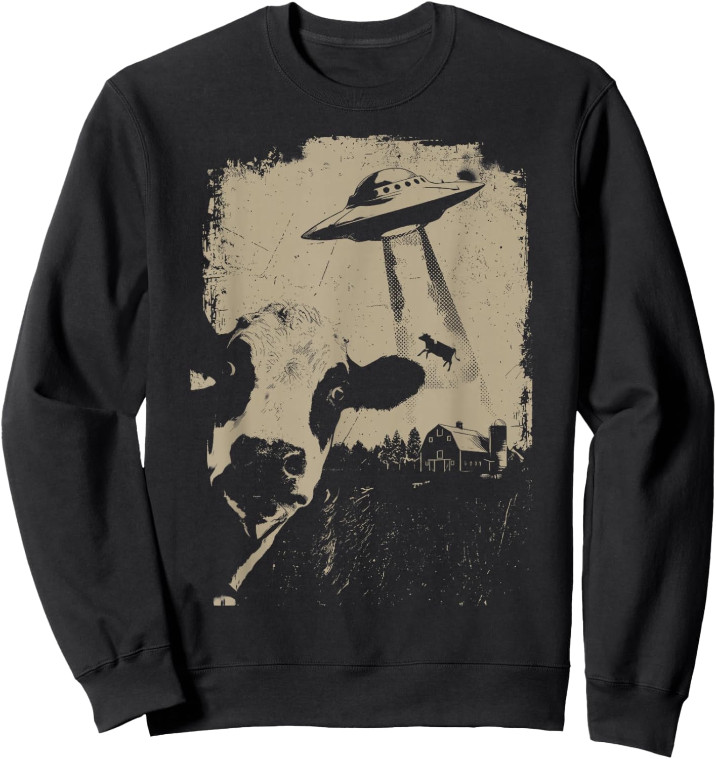 Vintage 90s Cow UFO Abduction Farmer Cow Alien Spaceship Sweatshirt - Sweatshirt | Black