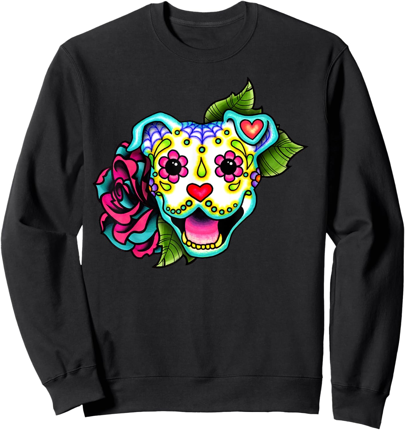 Smiling Pitbull in White - Day of the Dead Sugar Skull Dog Men Women Girls Kids Sweatshirt - Sweatshirt | Black