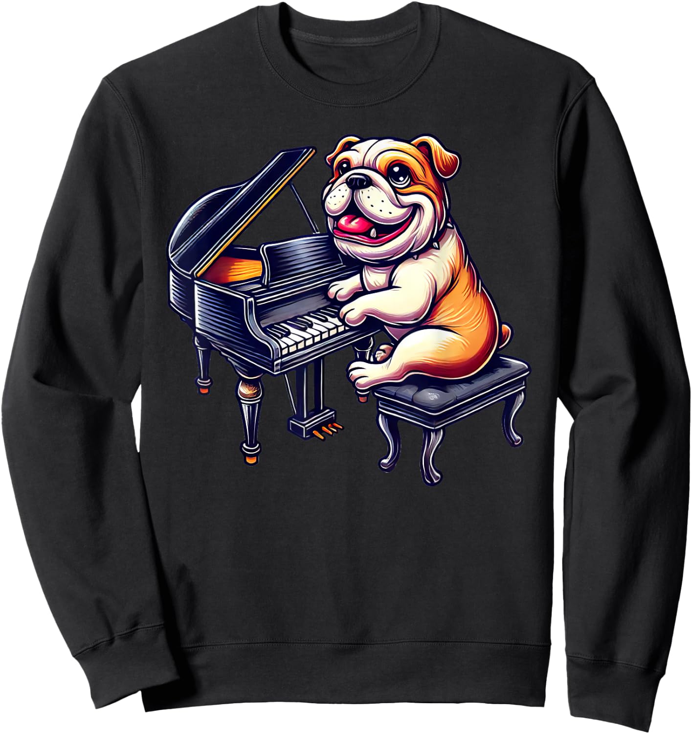 Cute English Bulldog Dog Playing Piano Musician Music Sweatshirt - Sweatshirt | Black
