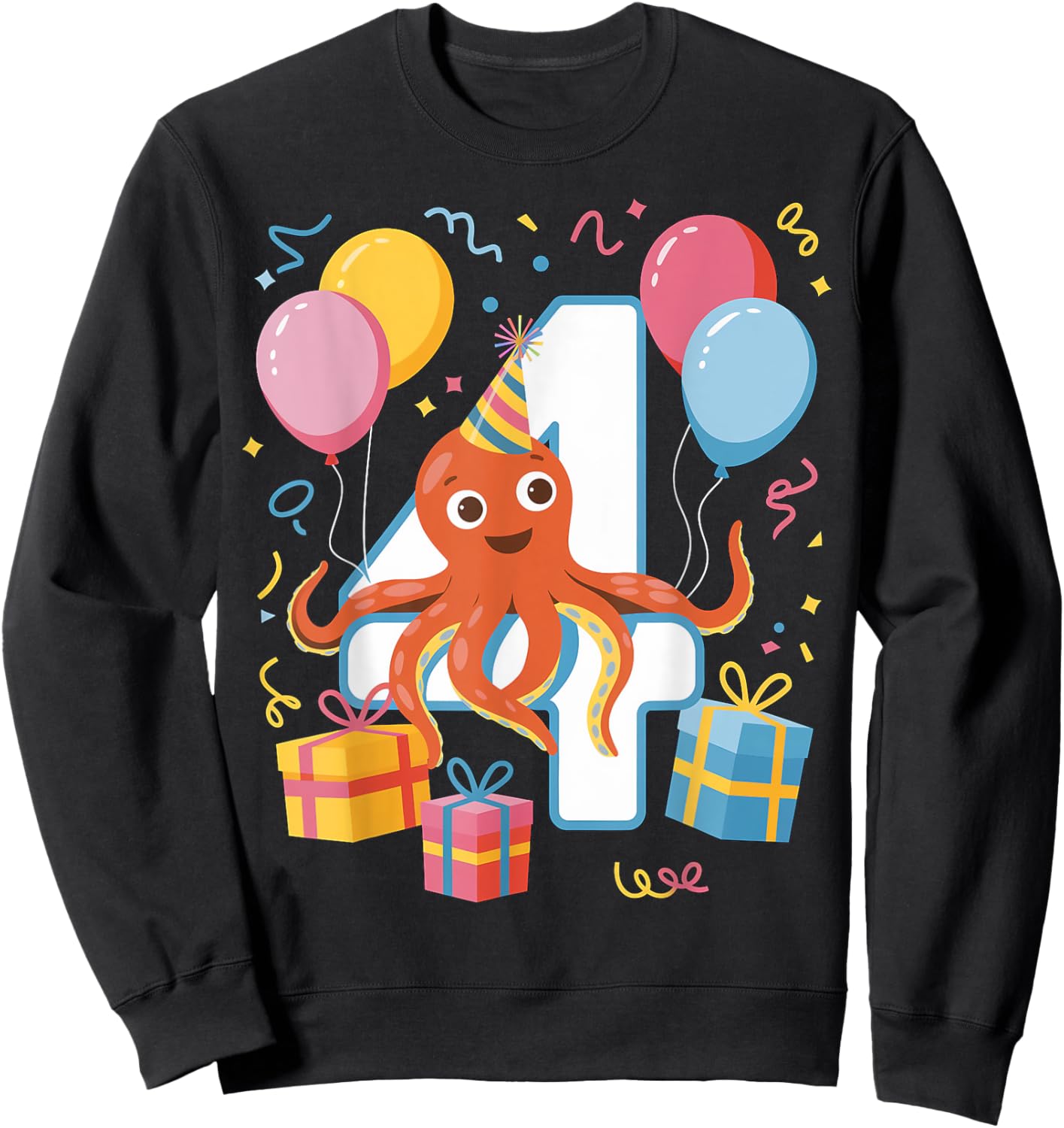 Octopus 4th birthday for boy girl 4 years old fourth Octopus Sweatshirt - Sweatshirt | Black