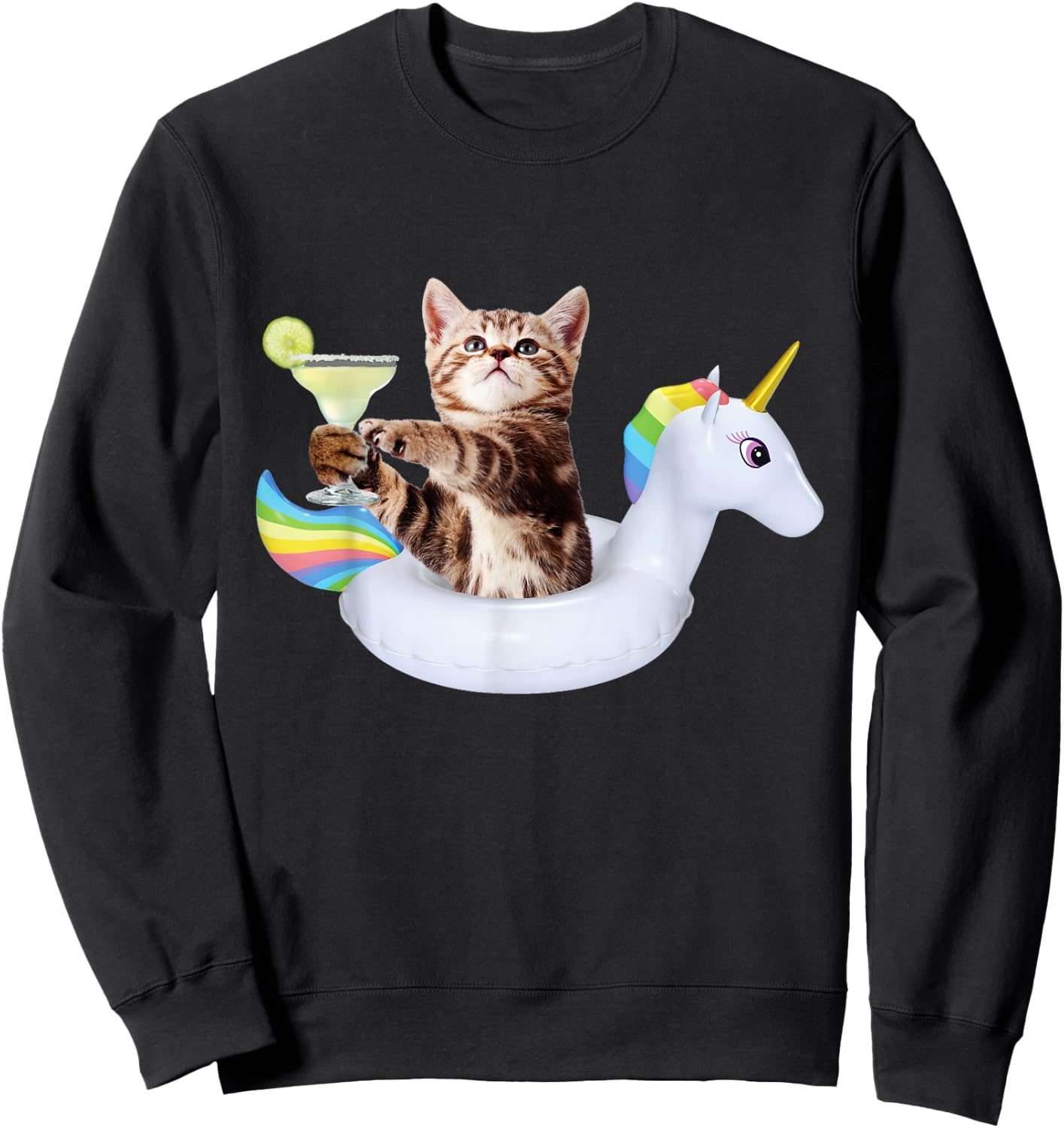 Summer Kitty With Margarita & Unicorn Float Funny Cat Shirt Sweatshirt - Sweatshirt | Black