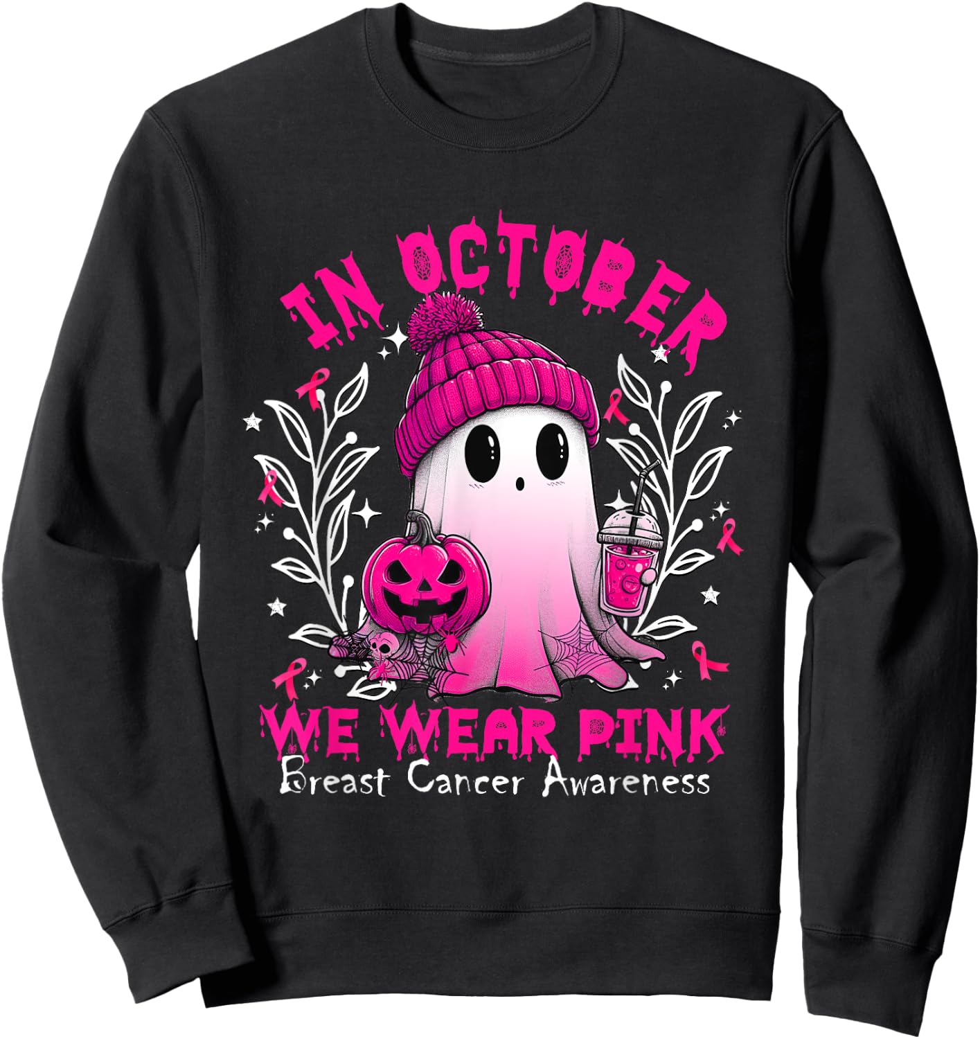 In October We Wear Pink Ghost Witch Breast Cancer Awareness Sweatshirt - Sweatshirt | Black