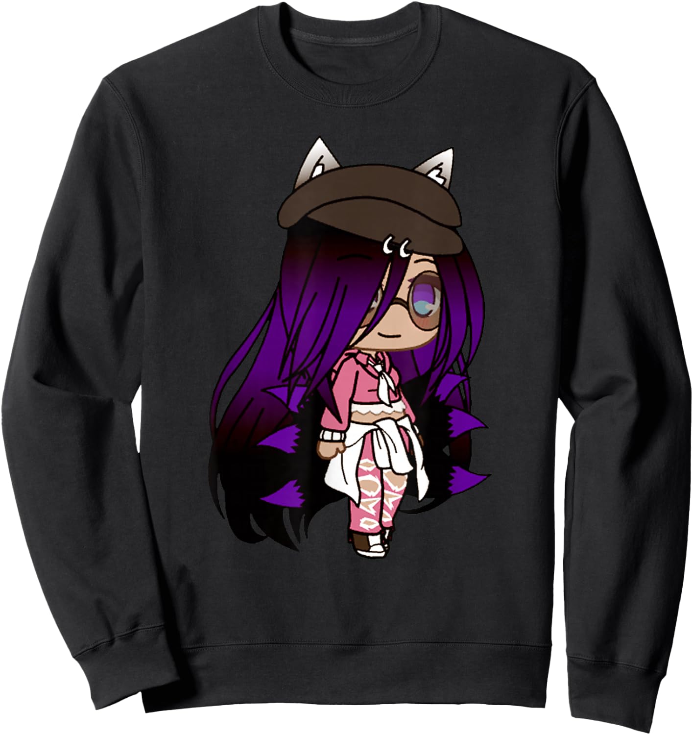 Cute Chibi Style Kawaii Anime Girl with Fox Ears and Tails Sweatshirt - Sweatshirt | Black