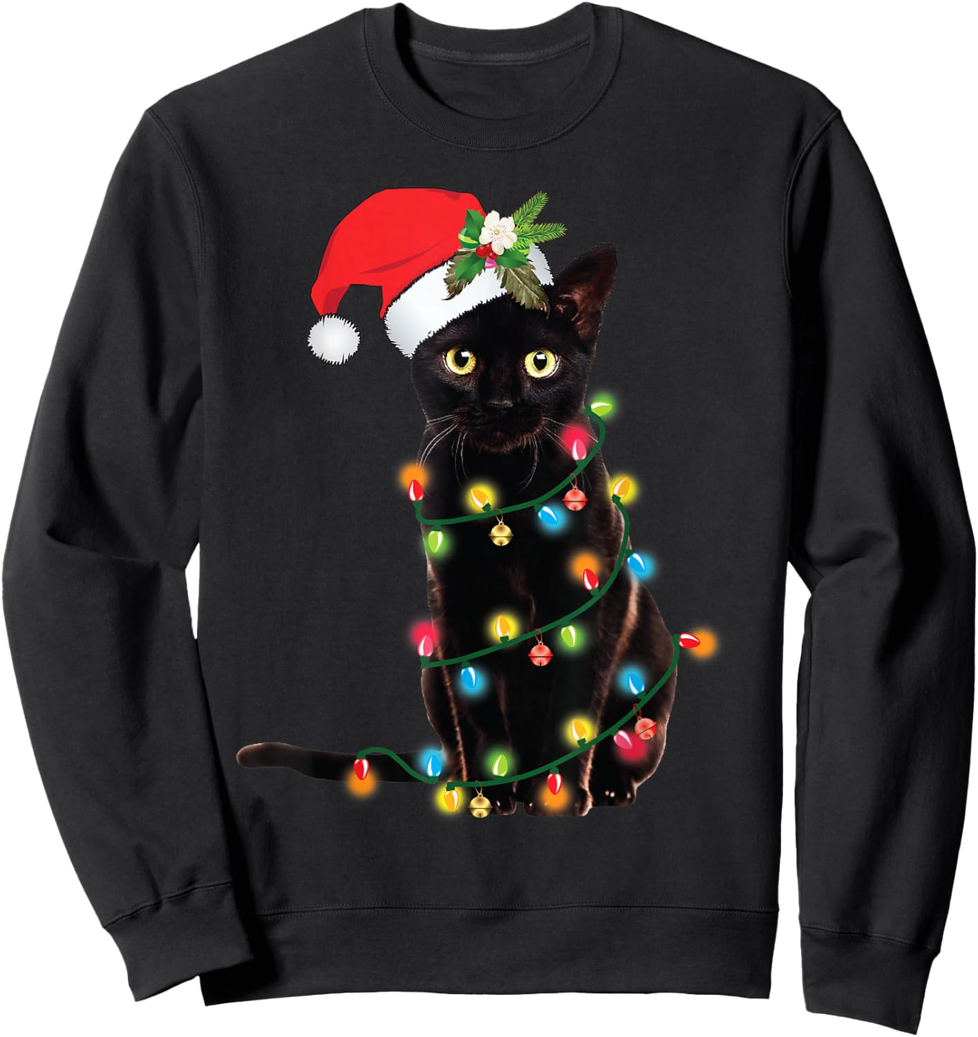 Santa Black Cat Tangled Up In Christmas Tree Lights Holiday Sweatshirt - Sweatshirt | Black