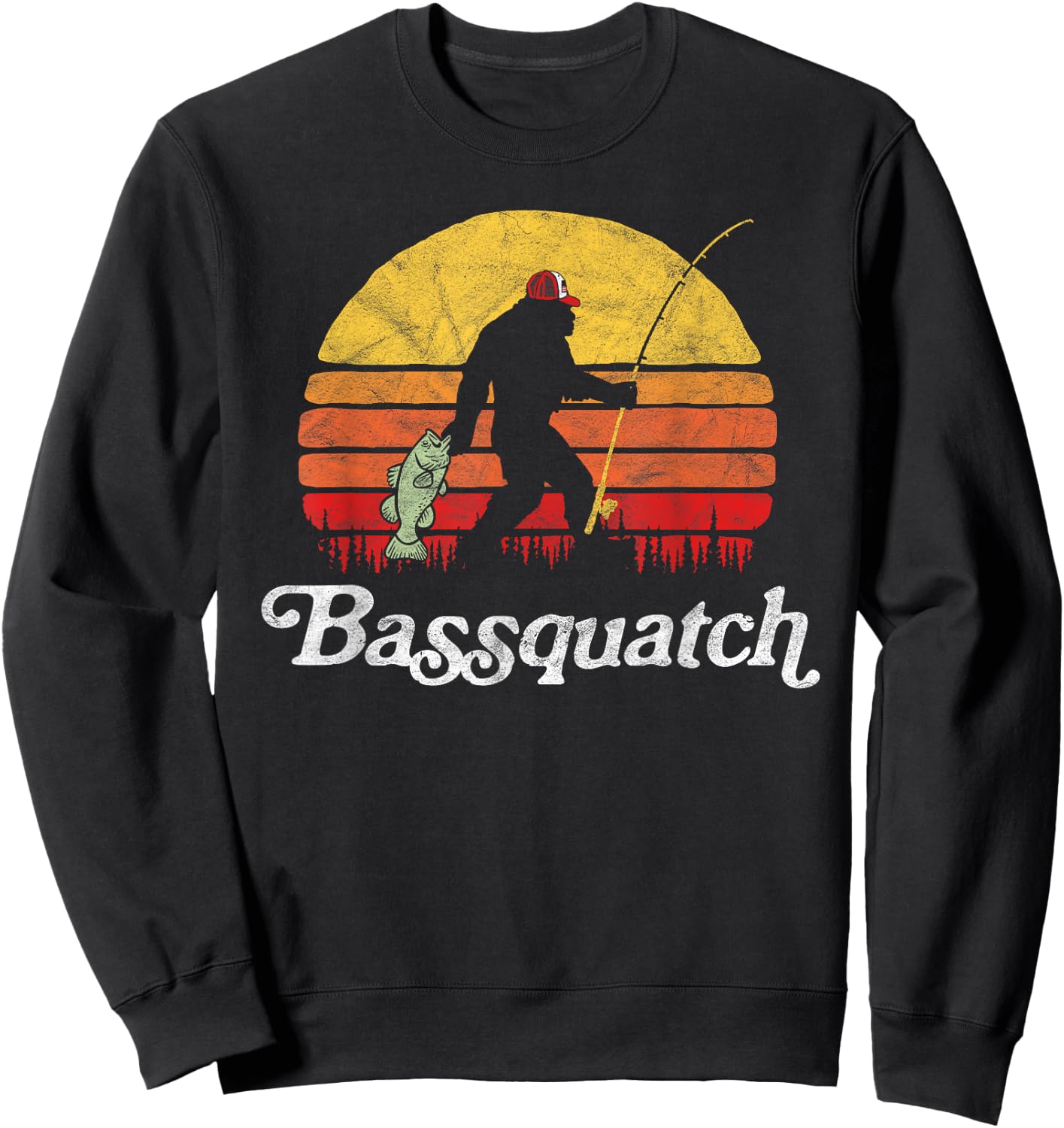 Bassquatch! Funny Bigfoot Fishing Outdoor Retro Sweatshirt - Sweatshirt | Black