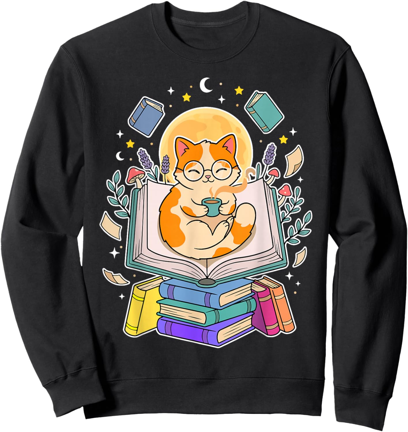 Cat Reading Book Lover Coffee Books Teacher Librarian Cat Sweatshirt - Sweatshirt | Black