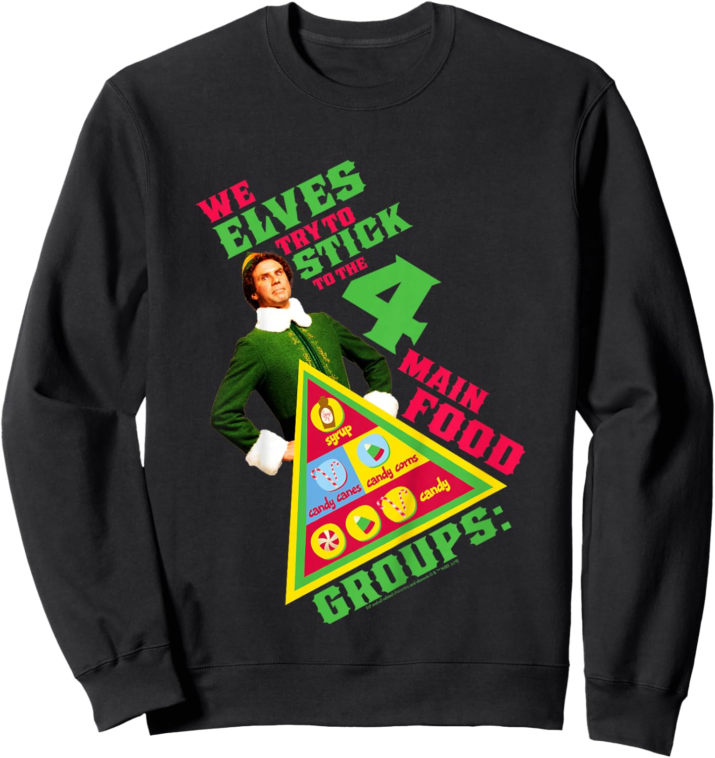 Kids Elf Buddy Four Main Food Group Pyramid Text Portrait Sweatshirt - Sweatshirt | Black