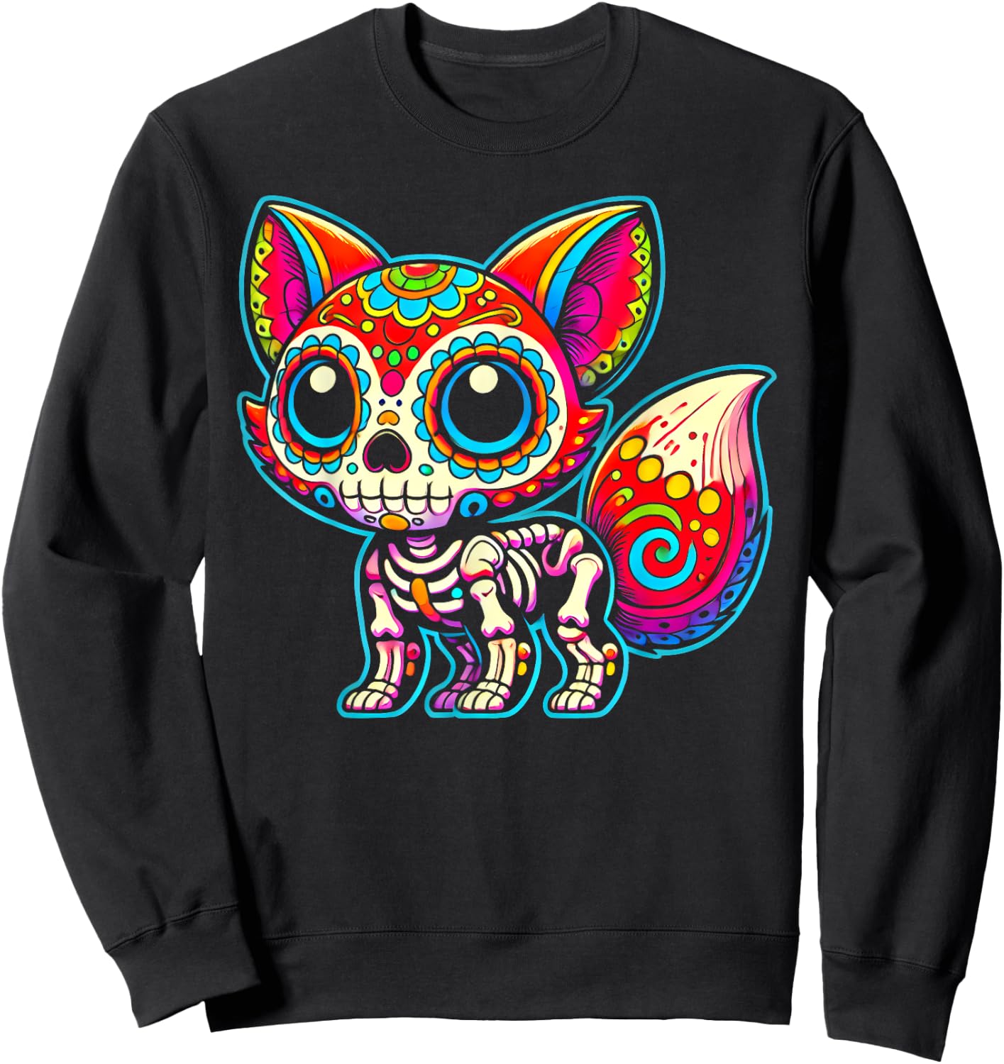 Colorful Sugar Skull Fox Day of the Dead Skeleton Art Lover Sweatshirt - Sweatshirt | Black