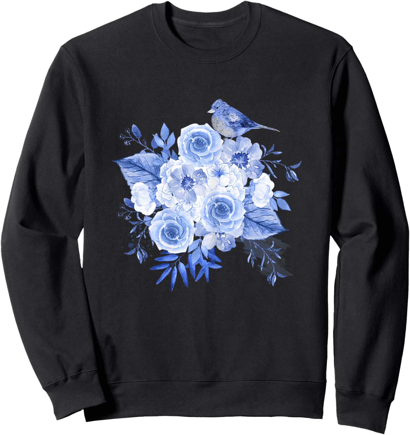 Blue flowers with bird floral design and Girl Sweatshirt - Sweatshirt | Black