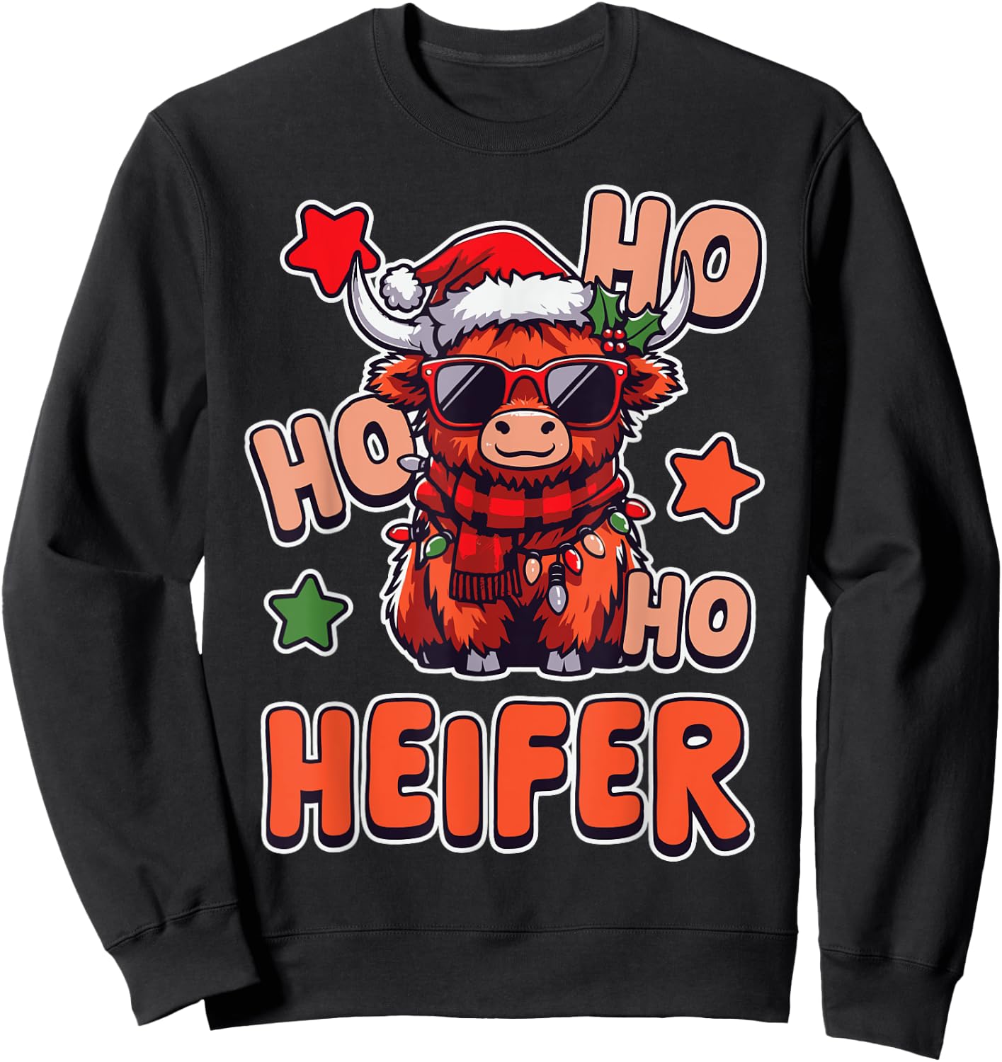 Ho Ho Ho Heifer Funny Christmas Highland Cow Holiday Sweatshirt - Sweatshirt | Black