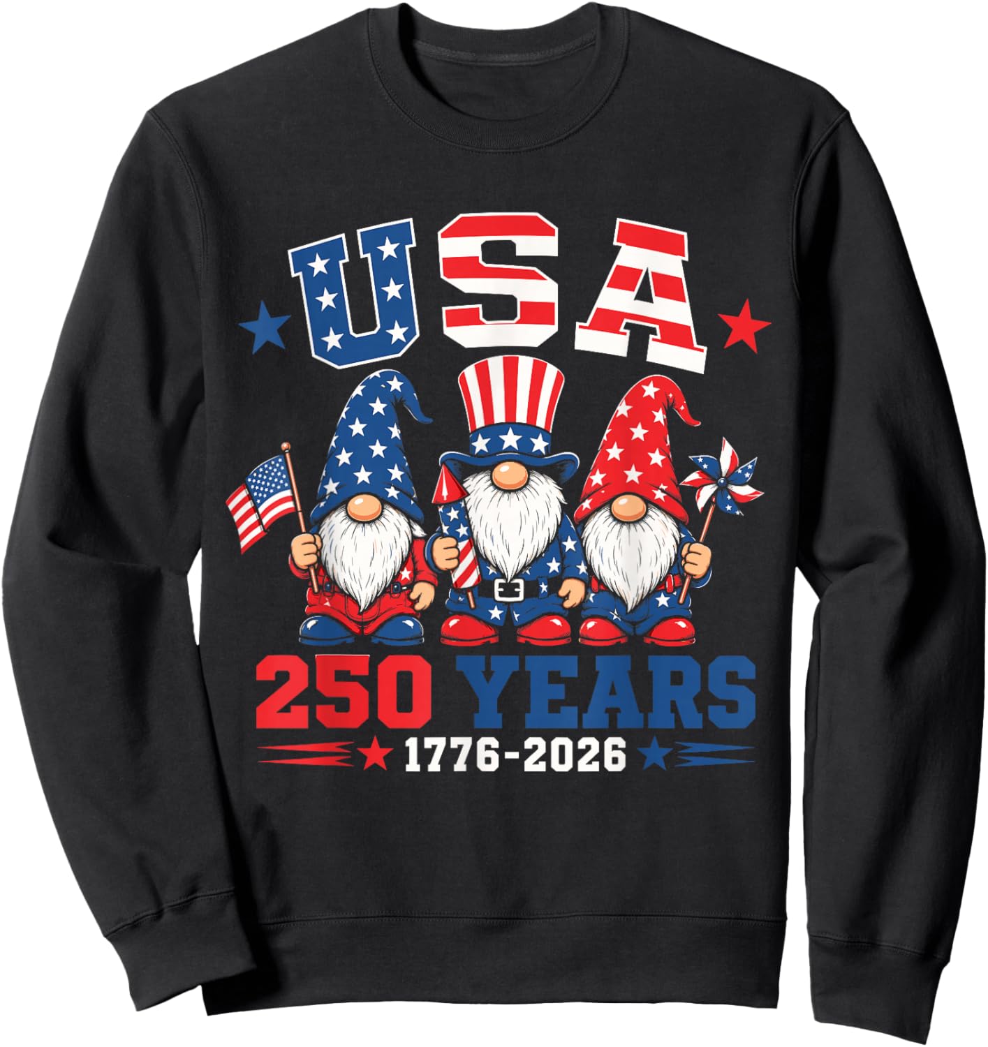 Patriotic Gnomes 250 Years 4th of July USA American Flag Sweatshirt - Sweatshirt | Black