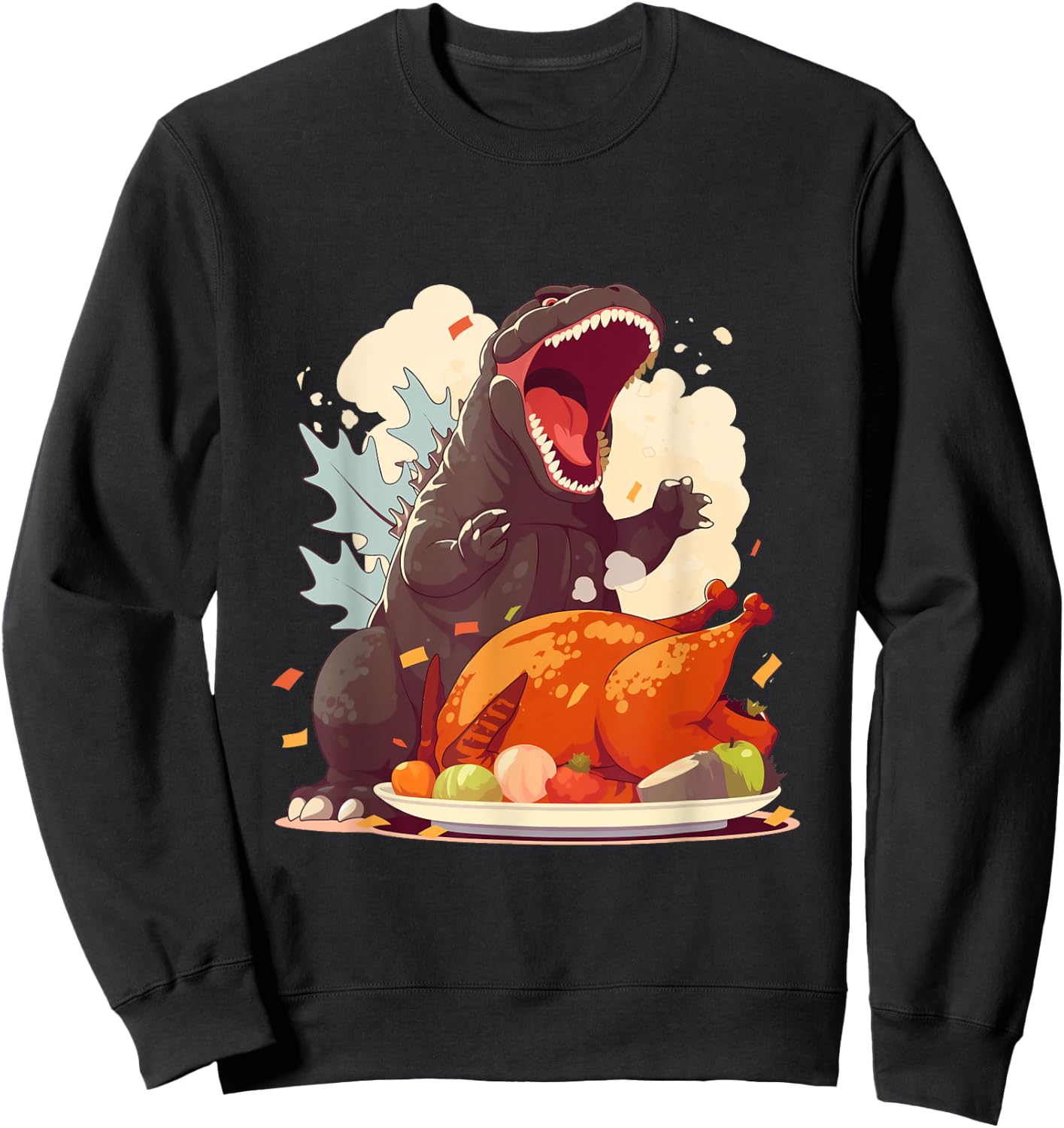 Kaiju Monsters Doing Everyday Things Hangry Kaiju Ready for Thanksgiving Turkey Feast -Adults Sweatshirt - Sweatshirt | Black