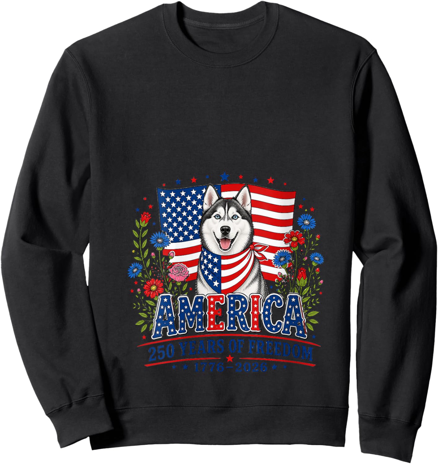 Women's 250 Years America Siberian Husky Patriotic USA 4th of July V-Neck Sweatshirt - Sweatshirt | Black