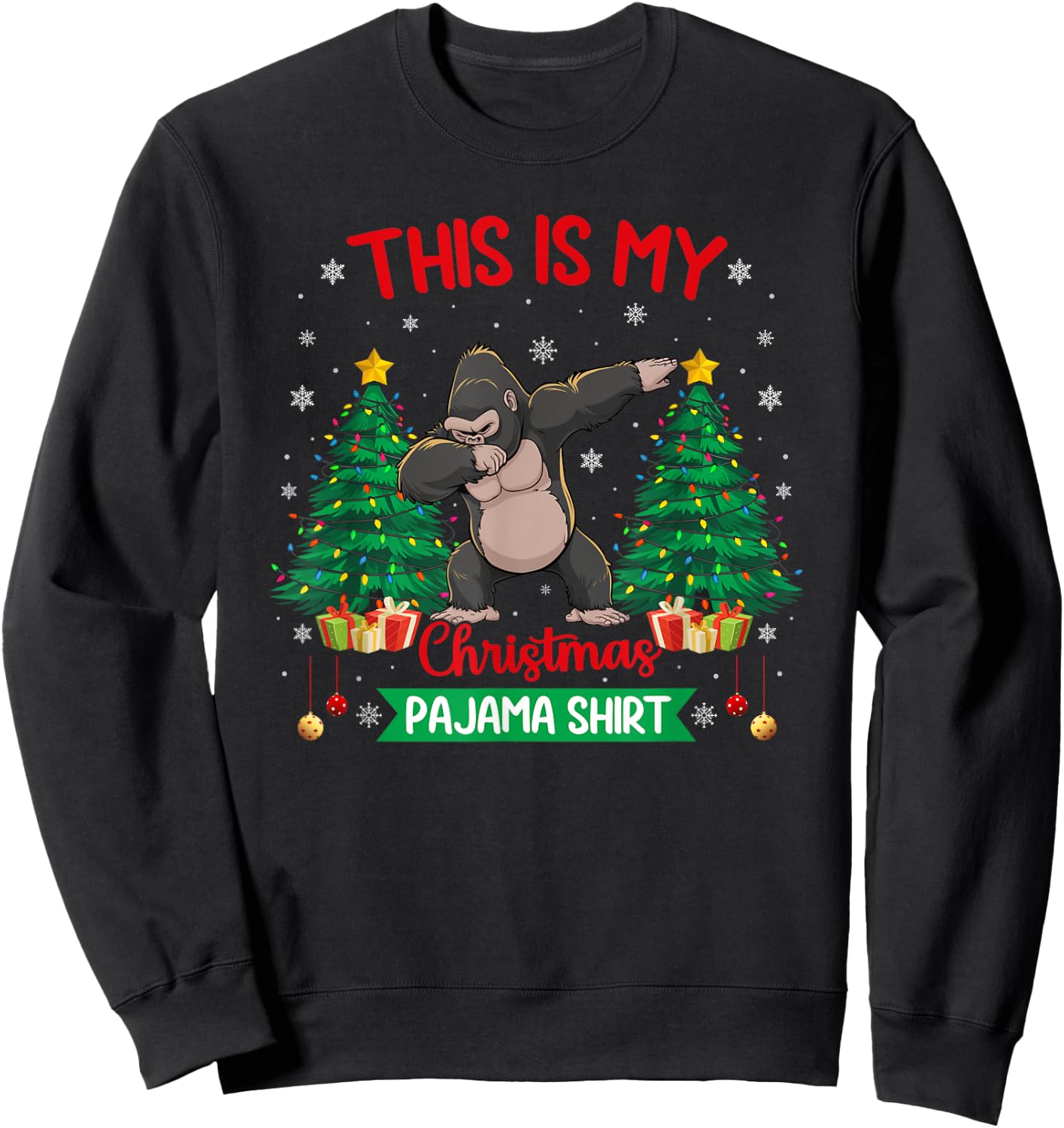 Dabbing Gorilla Christmas Tree Lights Matching Pajamas Sweatshirt - Sweatshirt | Black
