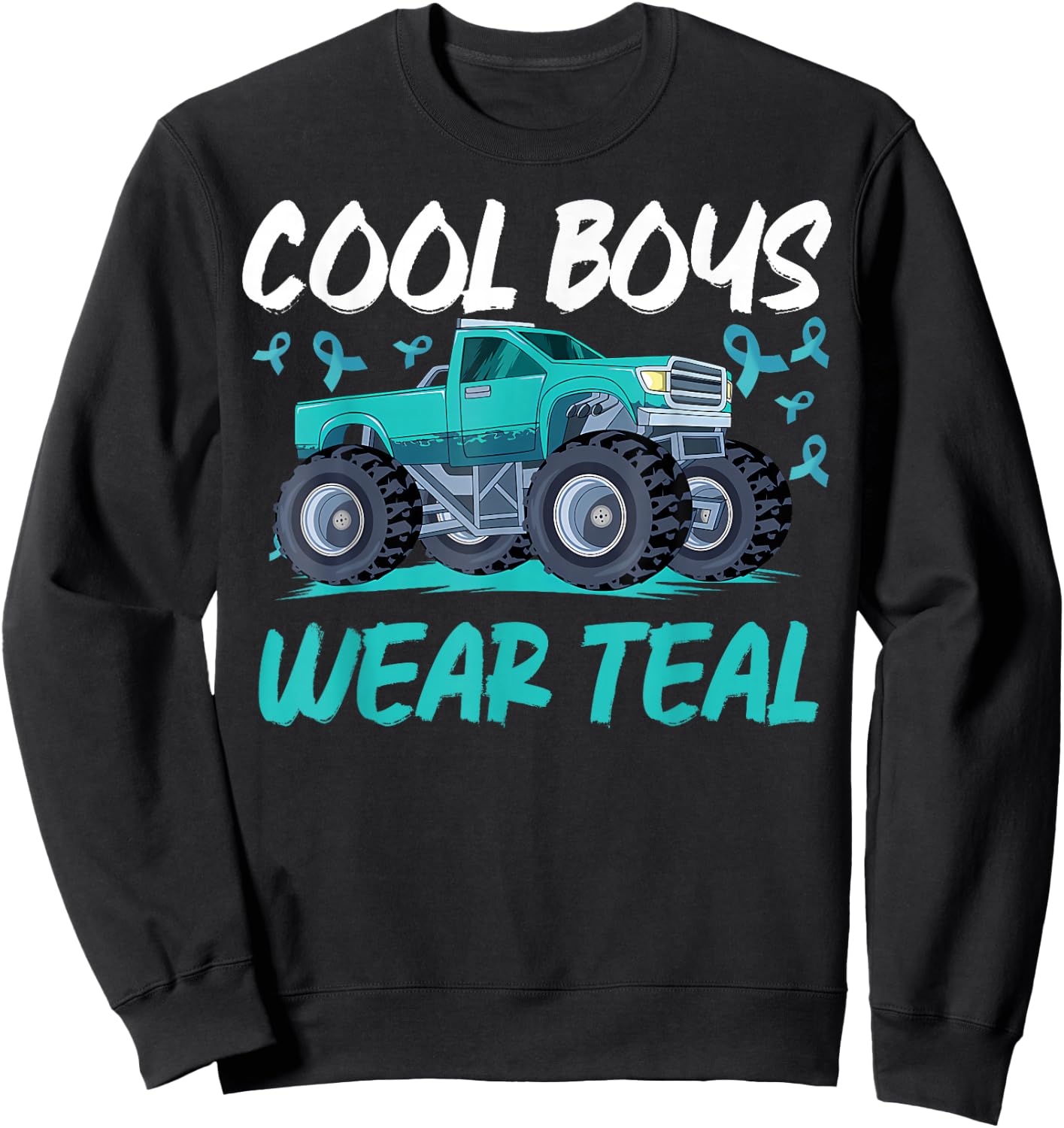 Monster Truck Teal Ribbon Cervical Cancer Awareness Sweatshirt - Sweatshirt | Black