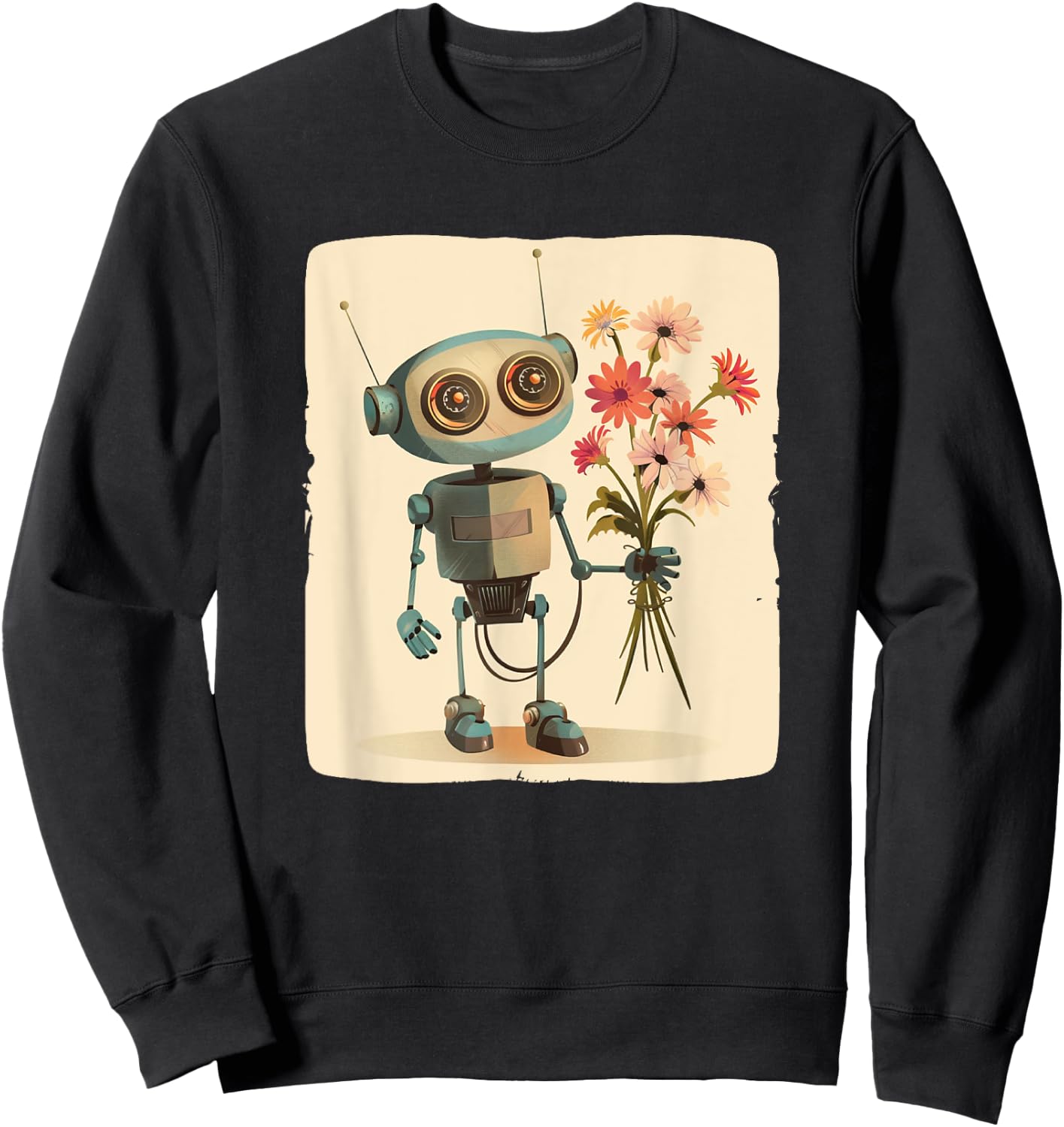 Amazing Robot with Bouquet for a Funny and Charming Look Sweatshirt - Sweatshirt | Black