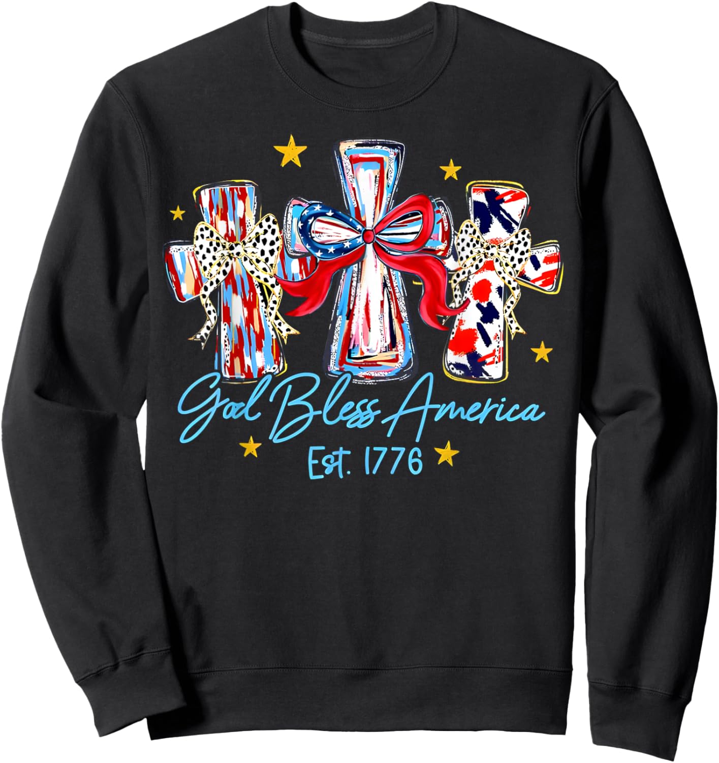 God Bless America Est 1776 Cross Coquette Bow Patriotic Sweatshirt - Sweatshirt | Black