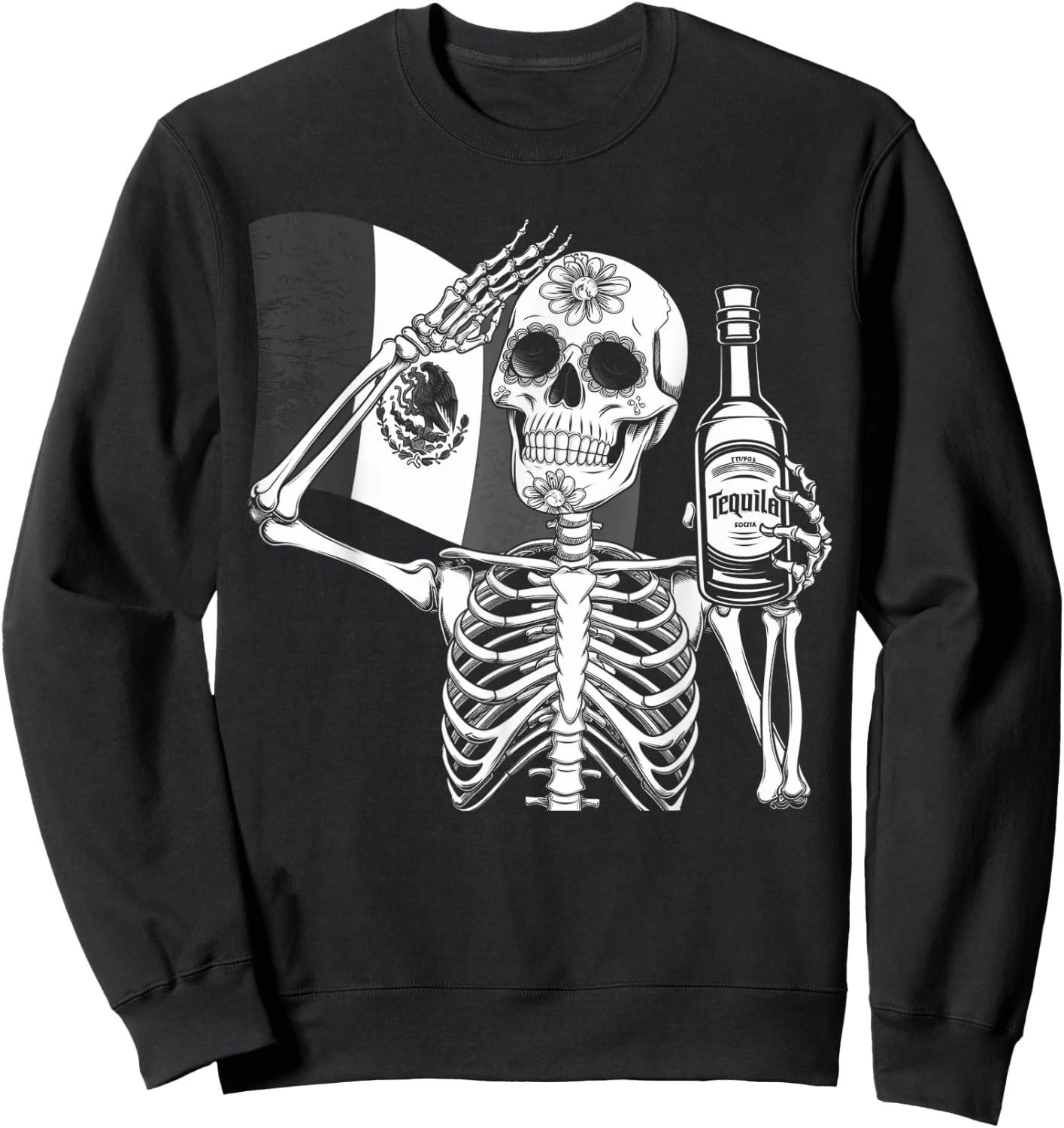Mexico Vintage Skeleton Tequila Dia De Los Muertos Mexican Sweatshirt - Sweatshirt | Black