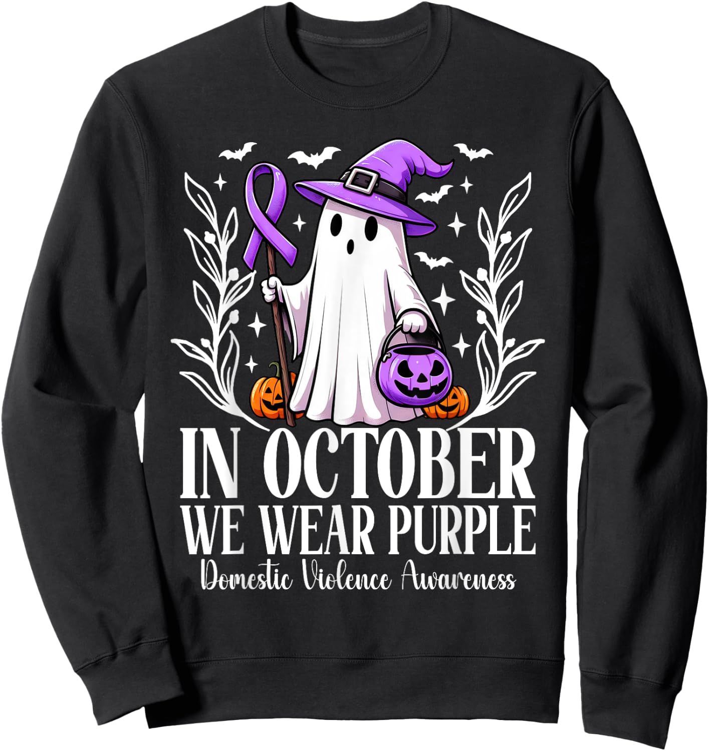 In October We Wear Purple Domestic Violence Ghost Halloween Sweatshirt - Sweatshirt | Black