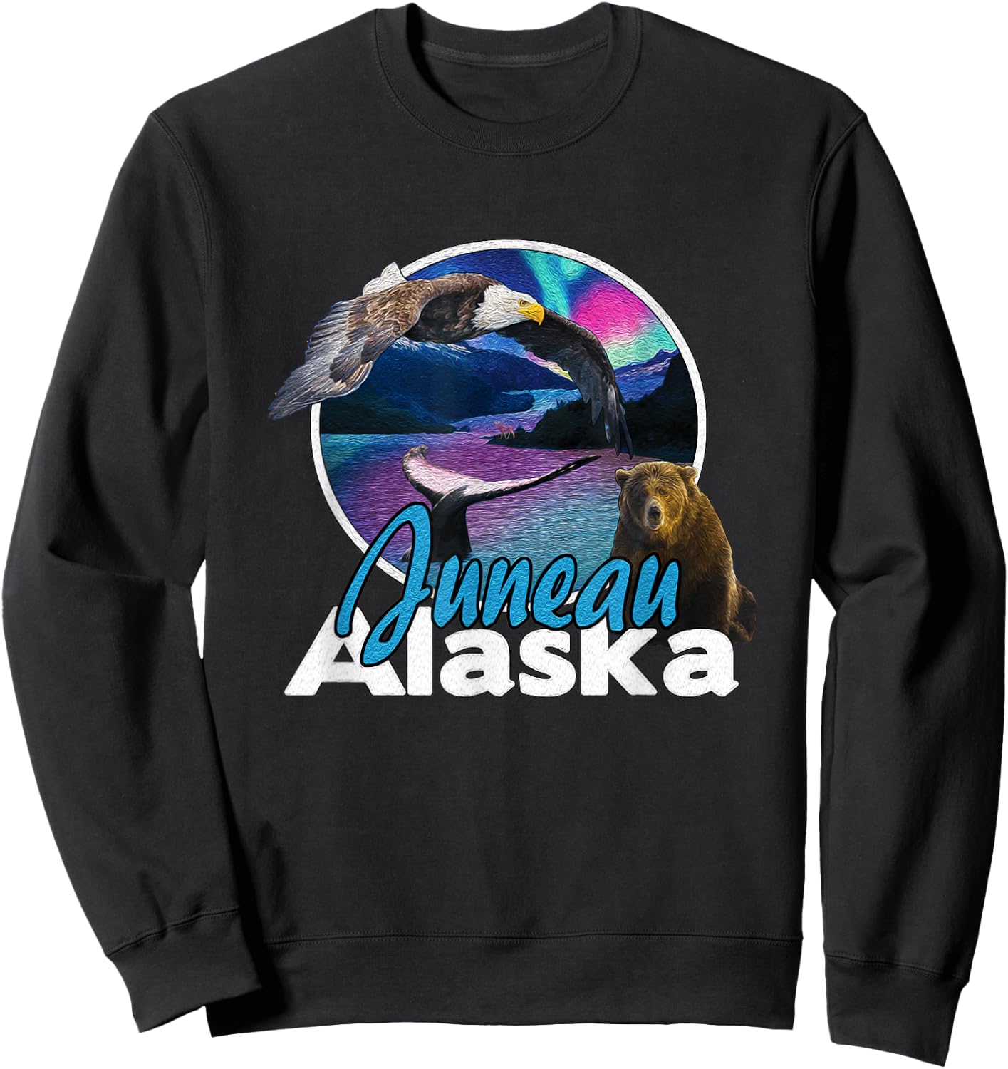 Juneau Alaska Aurora Borealis Eagle Bear Whale Souvenir Sweatshirt - Sweatshirt | Black