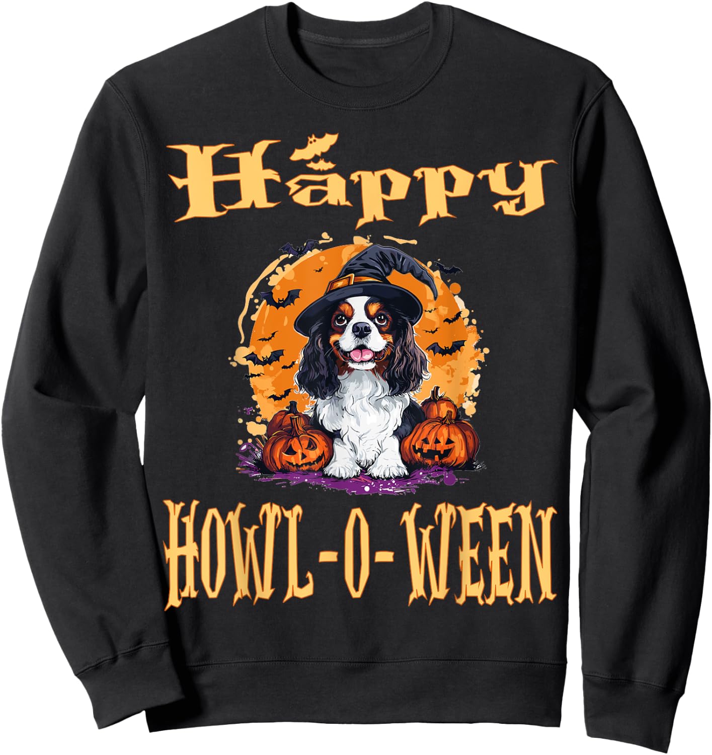 Cavalier King Charles Spaniel Dog Whitch Hat Halloween Sweatshirt - Sweatshirt | Black