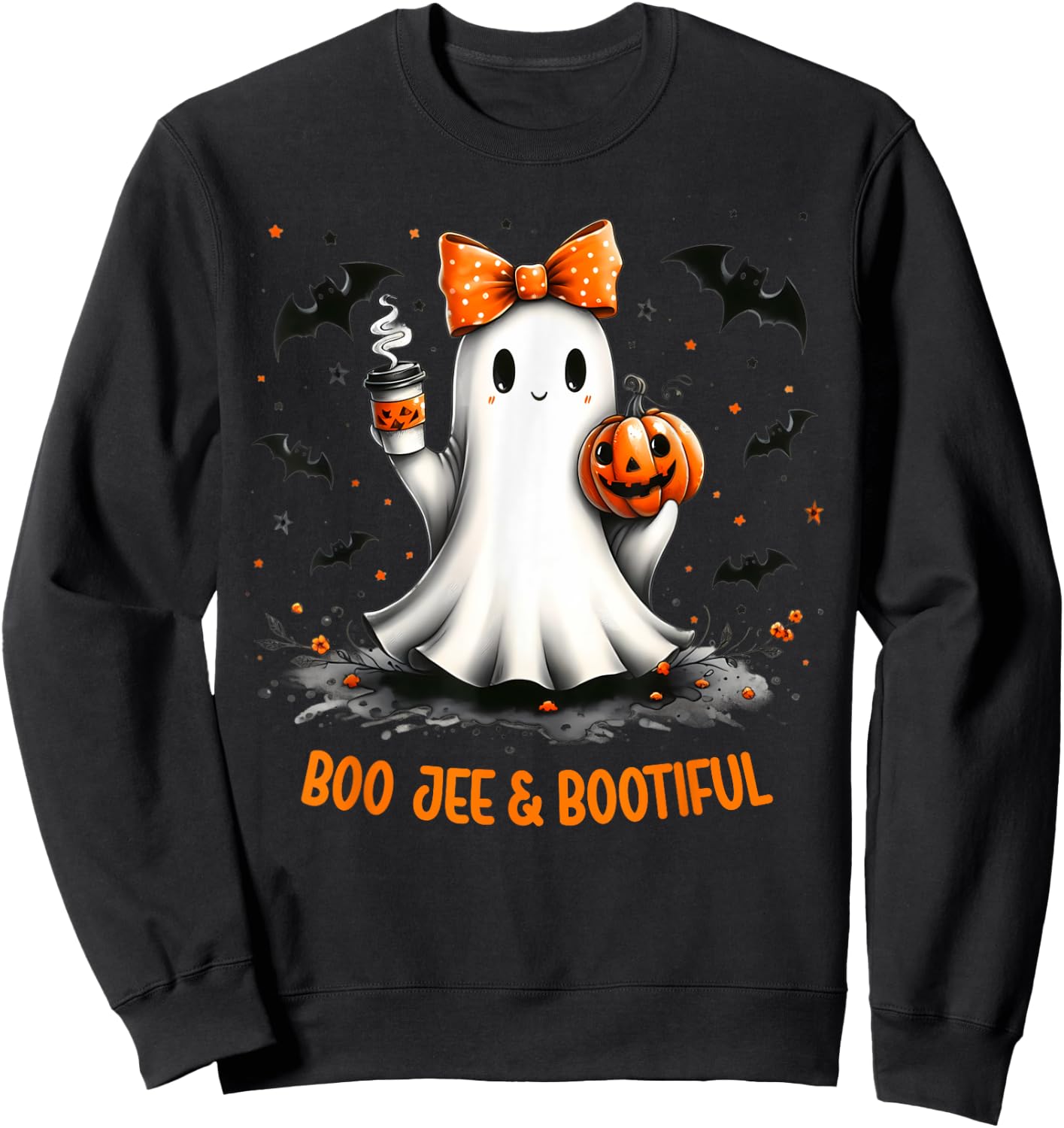 Boo Jee Ghost Drinking Coffee Coquette Bow Halloween Women Sweatshirt - Sweatshirt | Black