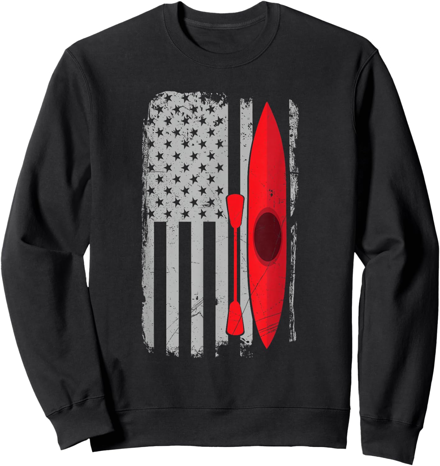 American Flag Kayak -Distressed USA Outrigger Canoe Kayaking Sweatshirt - Sweatshirt | Black
