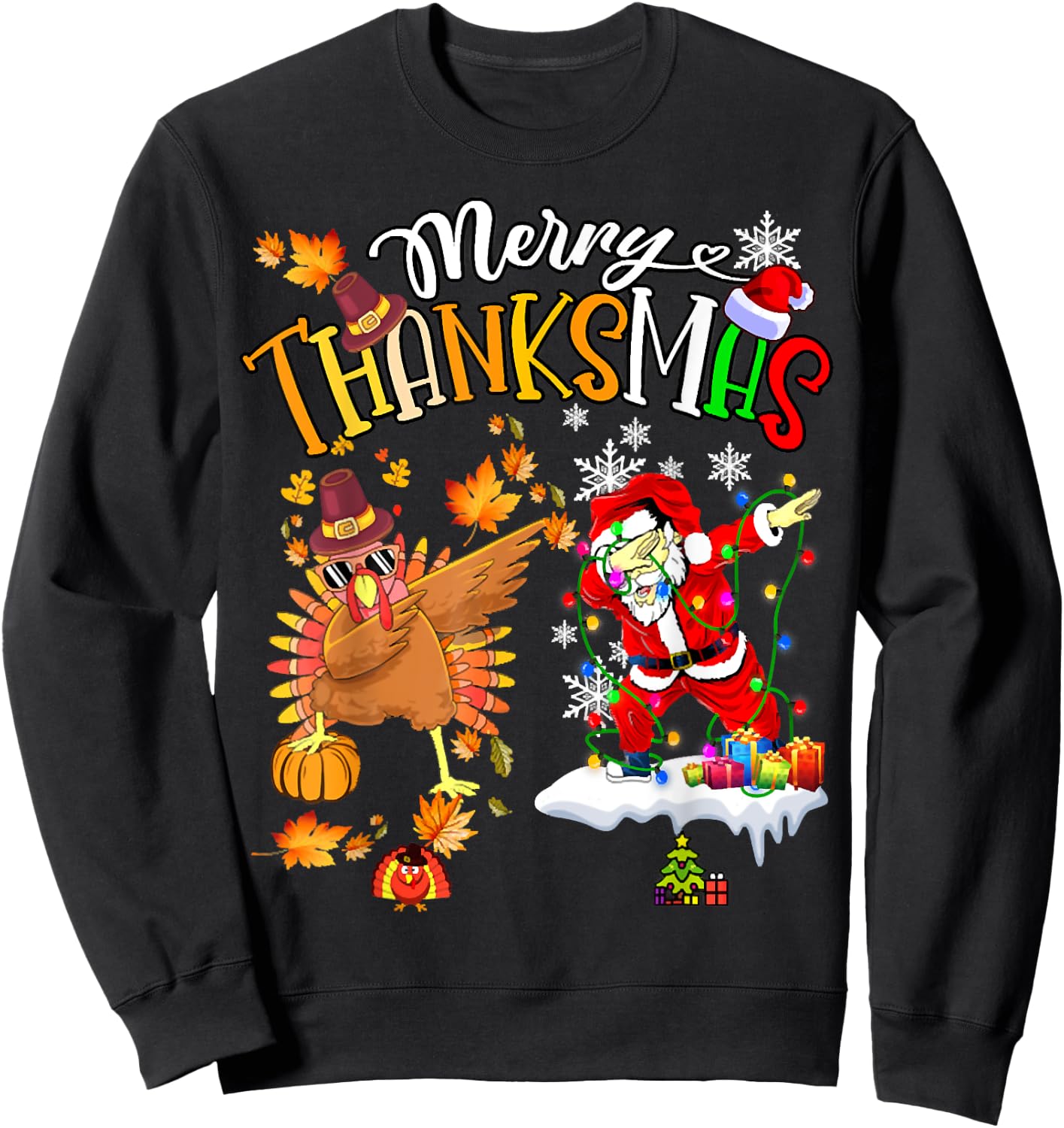 Merry Thanksmas Thanksgiving Christmas, Turkey Santa Dabbing Sweatshirt - Sweatshirt | Black