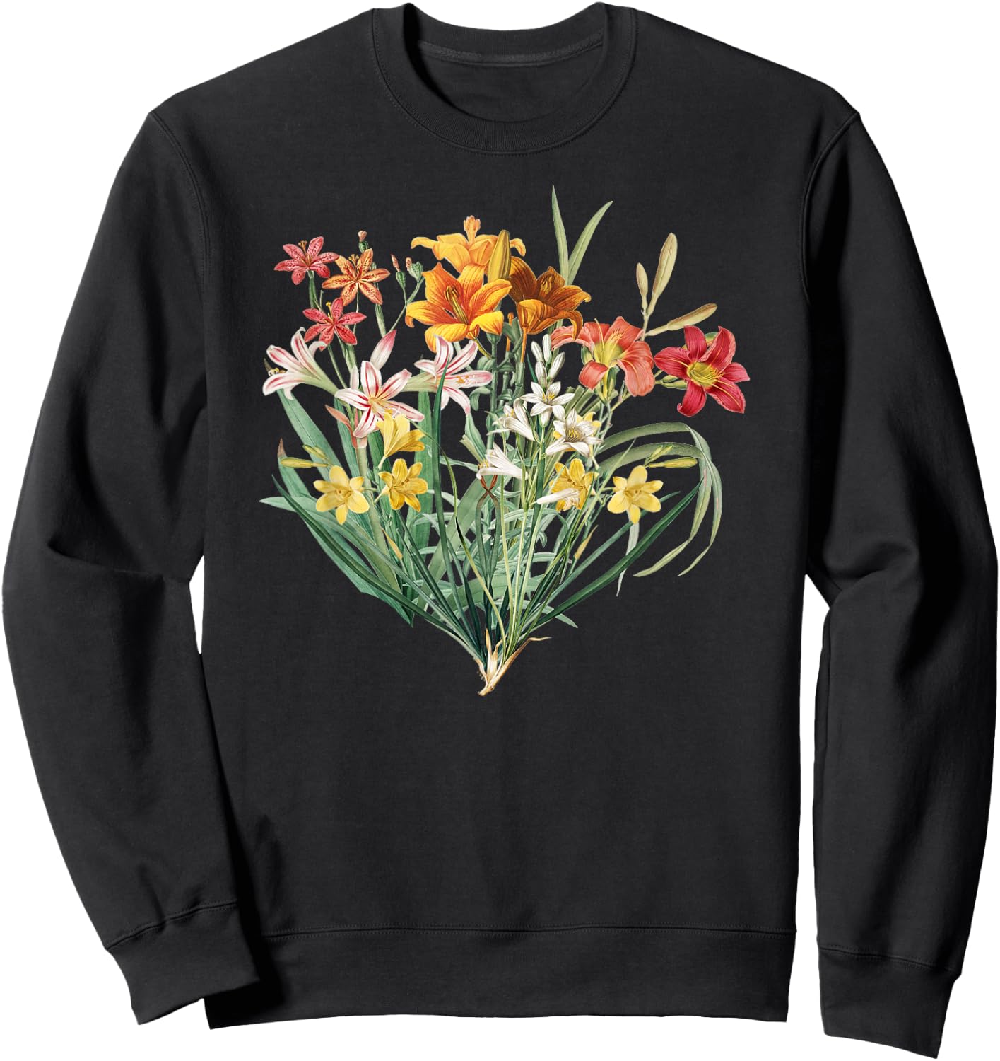 Variety of Lillies Graphic Flower Print Flowered Sweatshirt - Sweatshirt | Black
