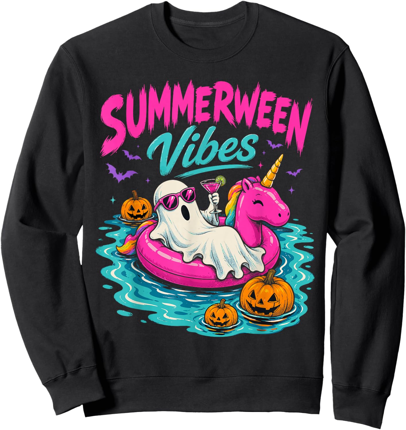 Summerween Vibes Spooky Ghost Unicorn Beach Halloween Girls Sweatshirt - Sweatshirt | Black