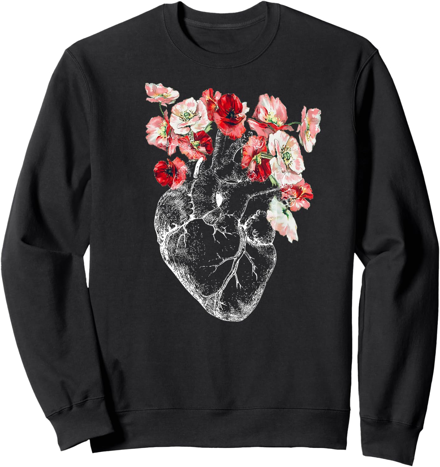 Anatomical Heart and Flowers Sweatshirt - Sweatshirt | Black