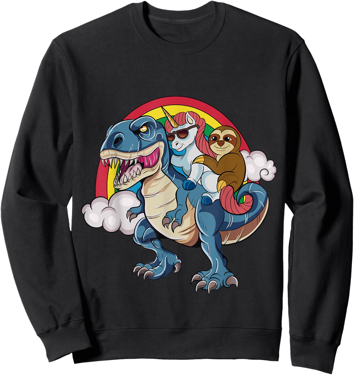 Magical Unicorn & Sloth Riding A Dinosaur Rainbow T Shirt Sweatshirt - Sweatshirt | Black