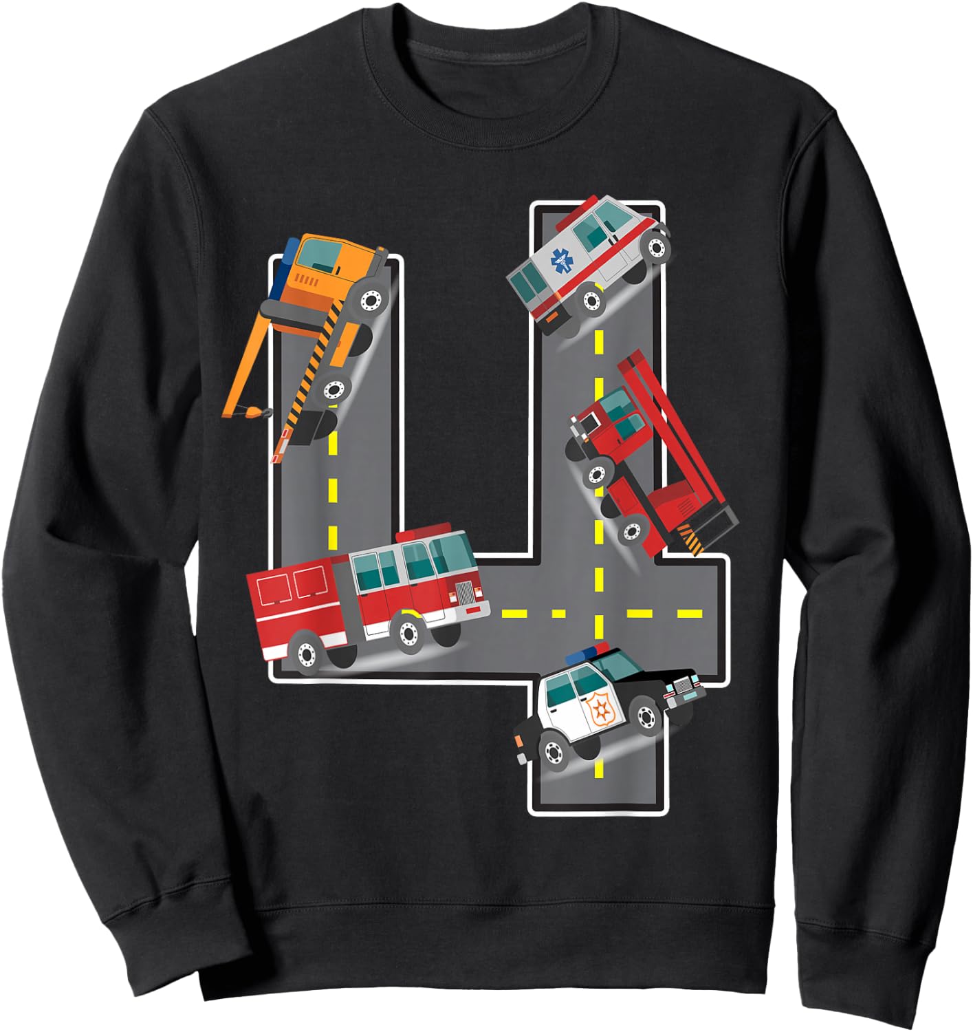 Four Year Old 4th Birthday Fire Truck Ambulance Police Car Sweatshirt - Sweatshirt | Black