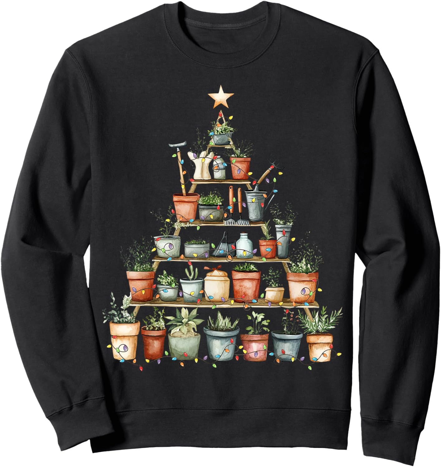 Potted Plant Christmas Tree Lights Gardening Gardener Xmas Sweatshirt - Sweatshirt | Black