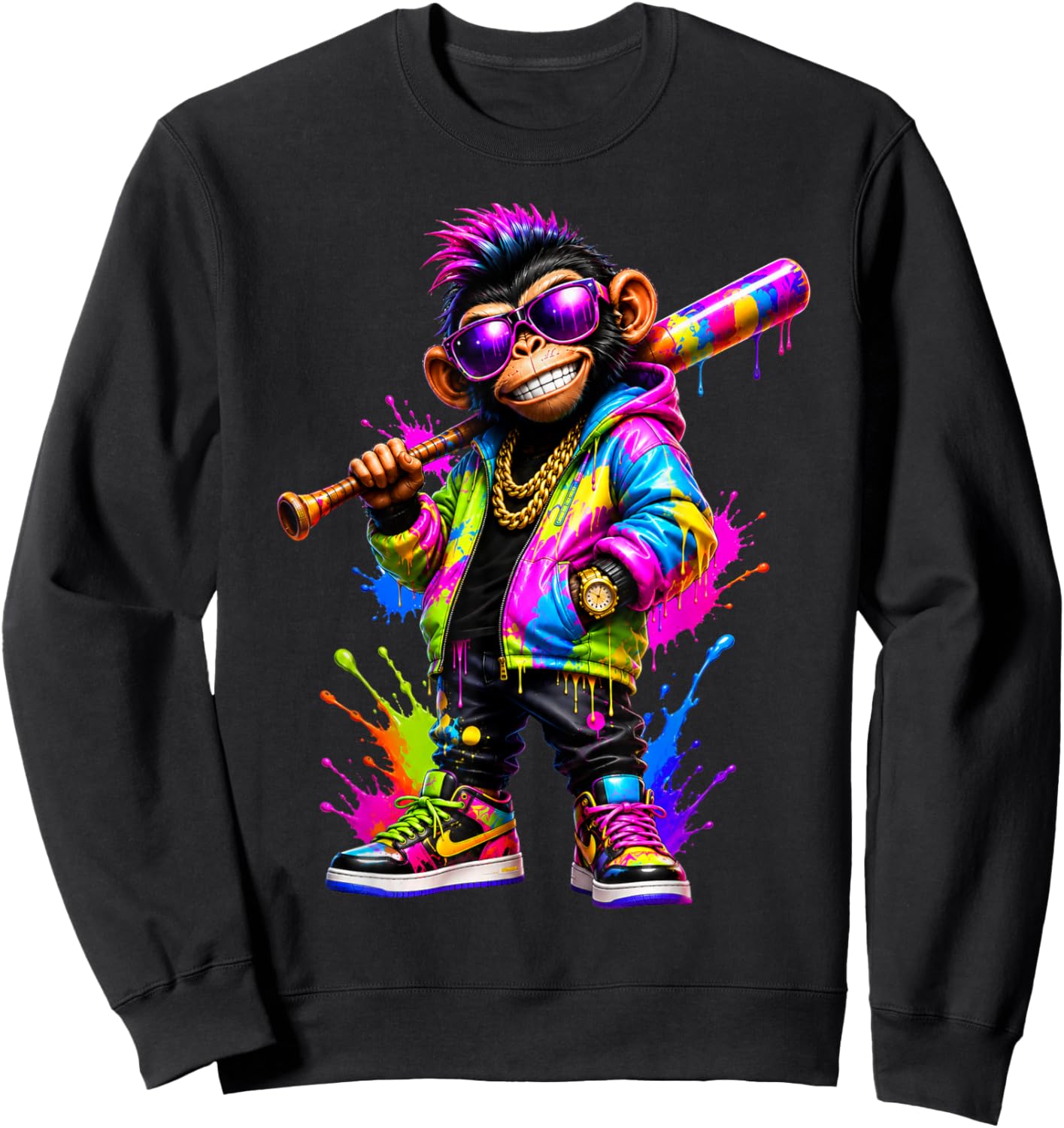 Monkey Baseball Drip Funny Animal Party Sport Cool Graphic Sweatshirt - Sweatshirt | Black