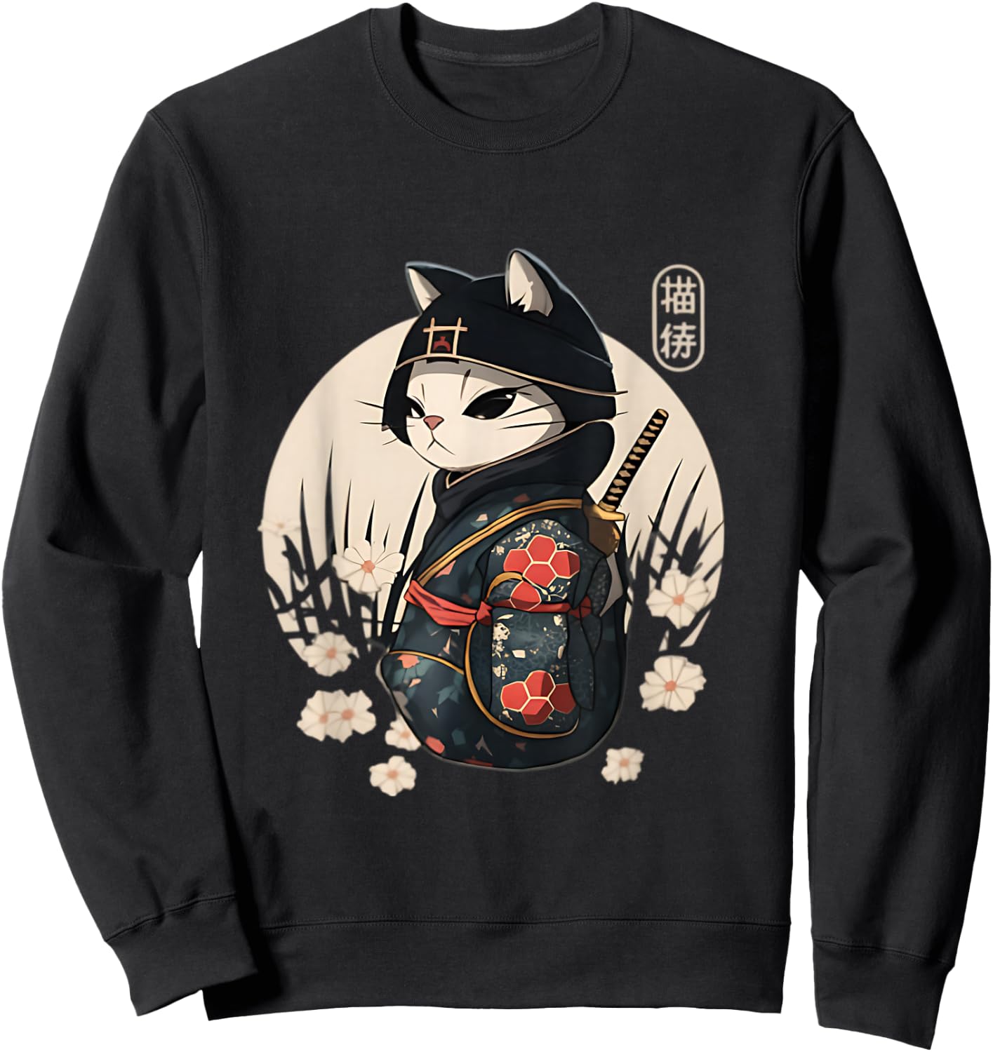 Japanese Samurai Cat Tattoo Kawaii Ninja Cat Sweatshirt - Sweatshirt | Black