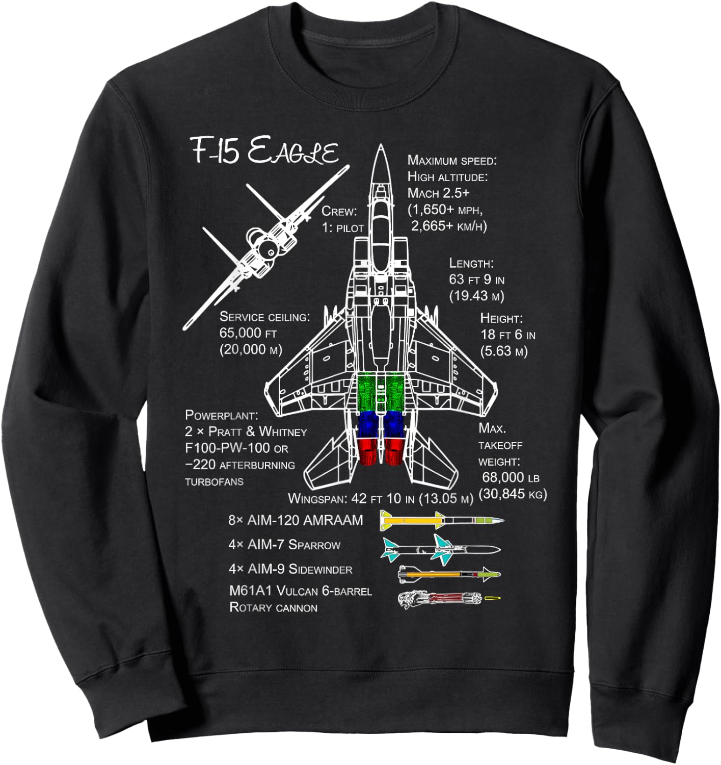 F-15 Eagle Specs Shirt Military Fighter Jet Sweatshirt - Sweatshirt | Black