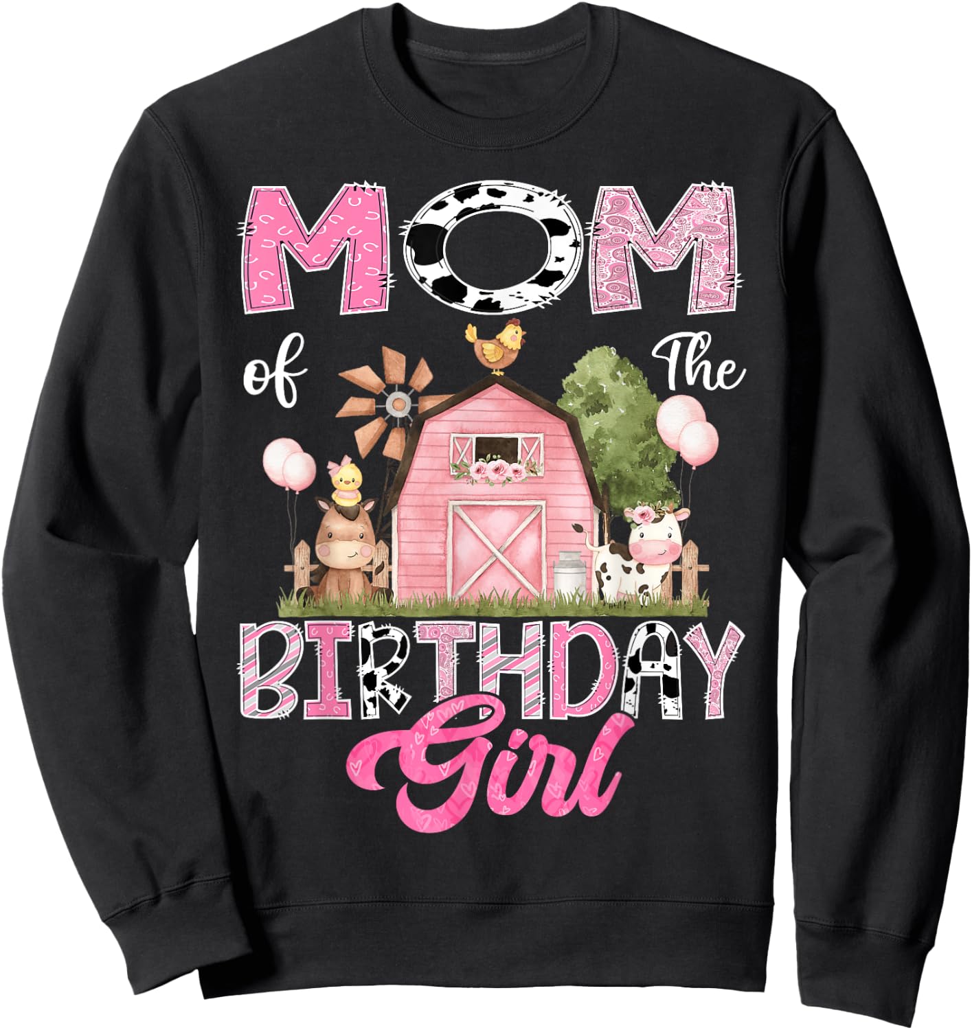 Mom Of The Birthday Girl Farm Cow Pink 1St Birthday Sweatshirt - Sweatshirt | Black