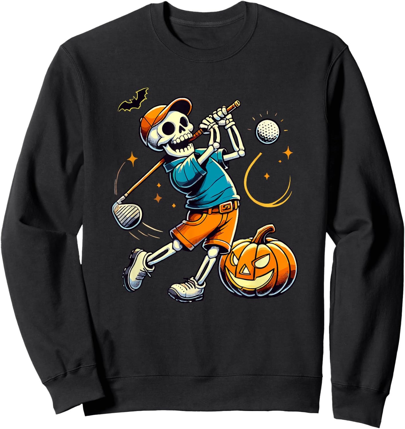 Halloween Skeleton Golf Player Golfing Golfer Pumpkin Sweatshirt - Sweatshirt | Black