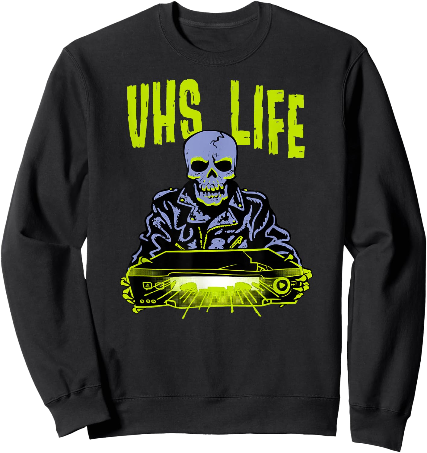 VHS Life - Skull Biker Punk with Glowing Evil VCR Sweatshirt - Sweatshirt | Black
